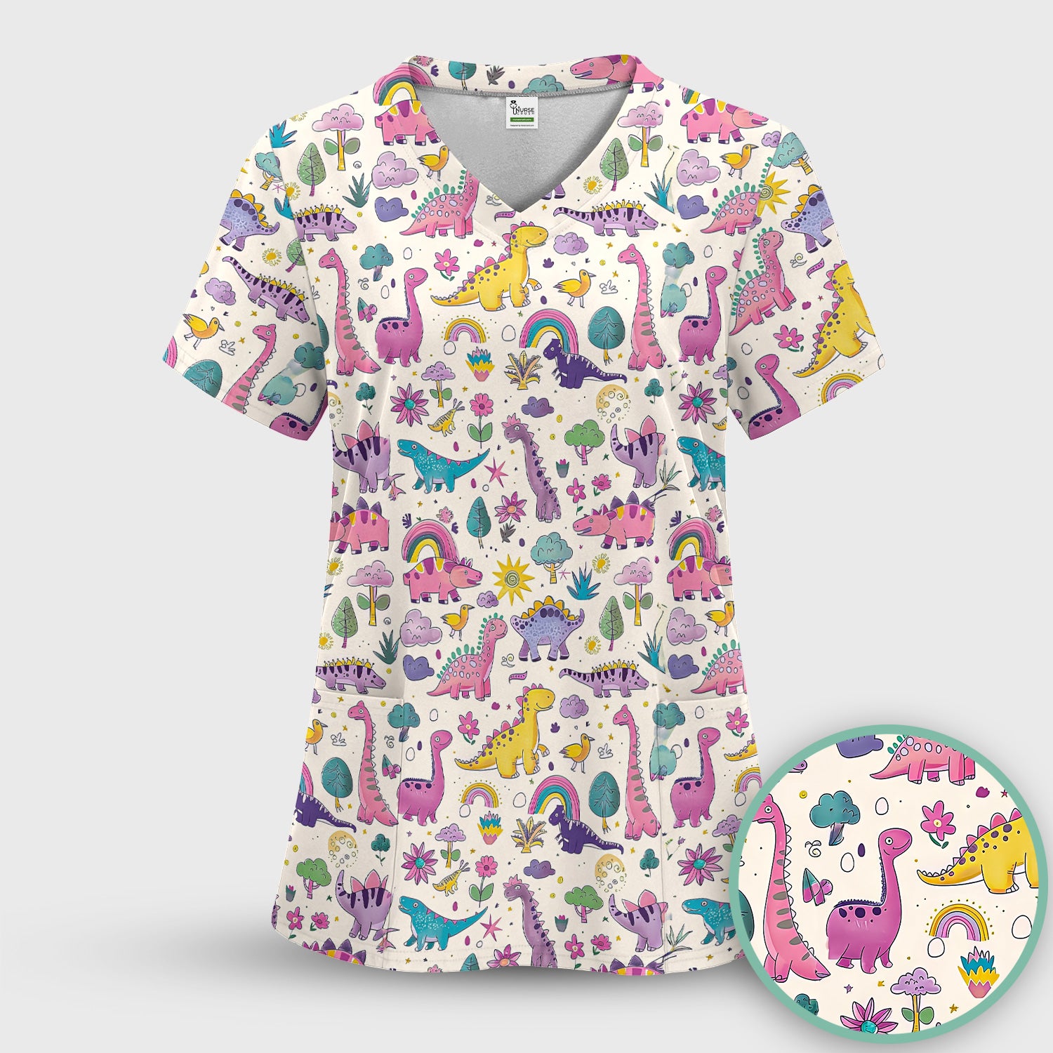 Cute Dinosaur Rainbow Pattern Scrub Set, Scrub Pants and V Neck Top
