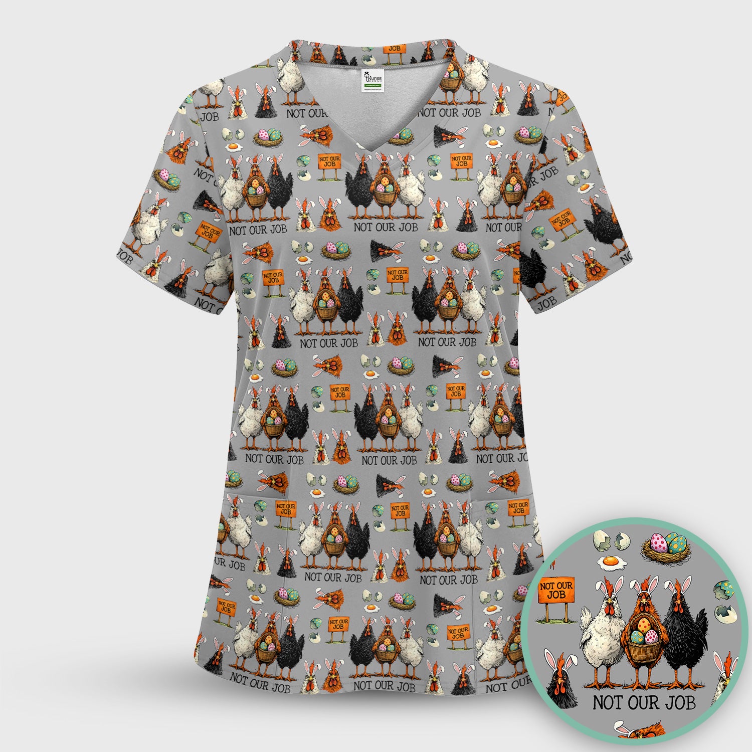 Funny Easter Chicken Humor Pattern Scrub Top, Comfortable Scrubs for Nurses