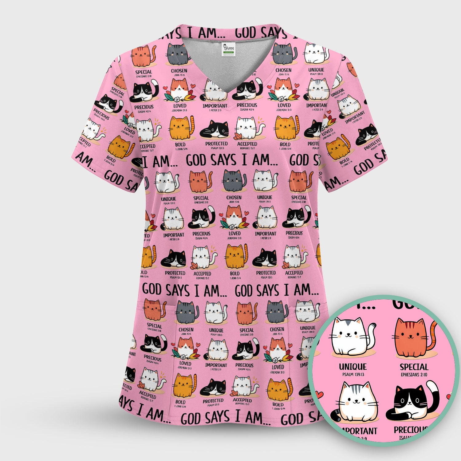 Cute Christian Cat God Says I Am Scrub Top, Comfortable Scrubs for Nurses