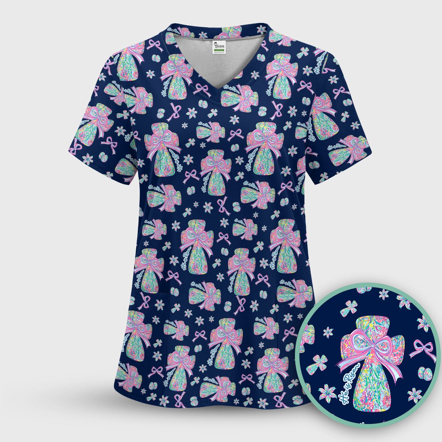 Colorful Bow Pattern Scrub Top, Breathable Fabrics Nursing Uniform