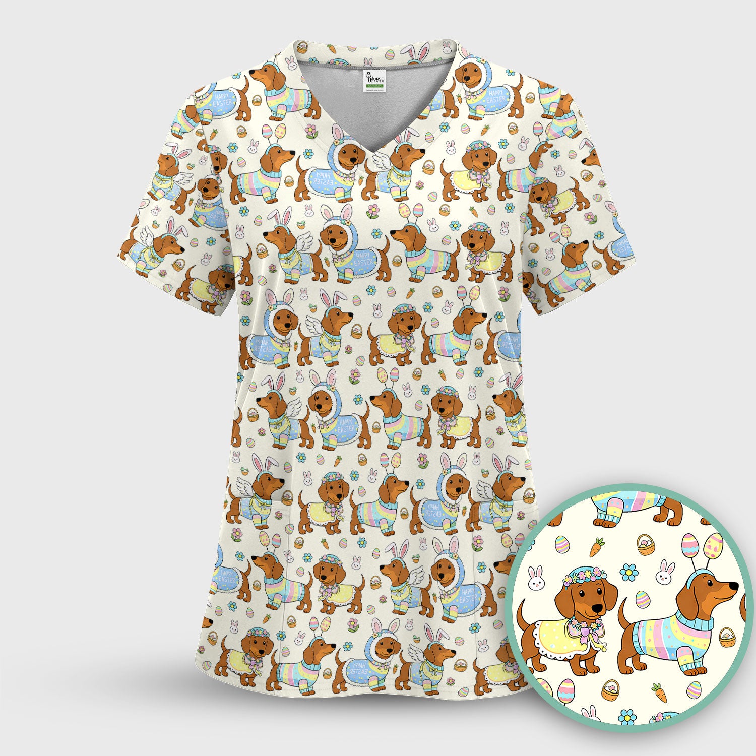 Easter Dachshund Bunny Print Scrub Top, Breathable Fabrics Nursing Uniform