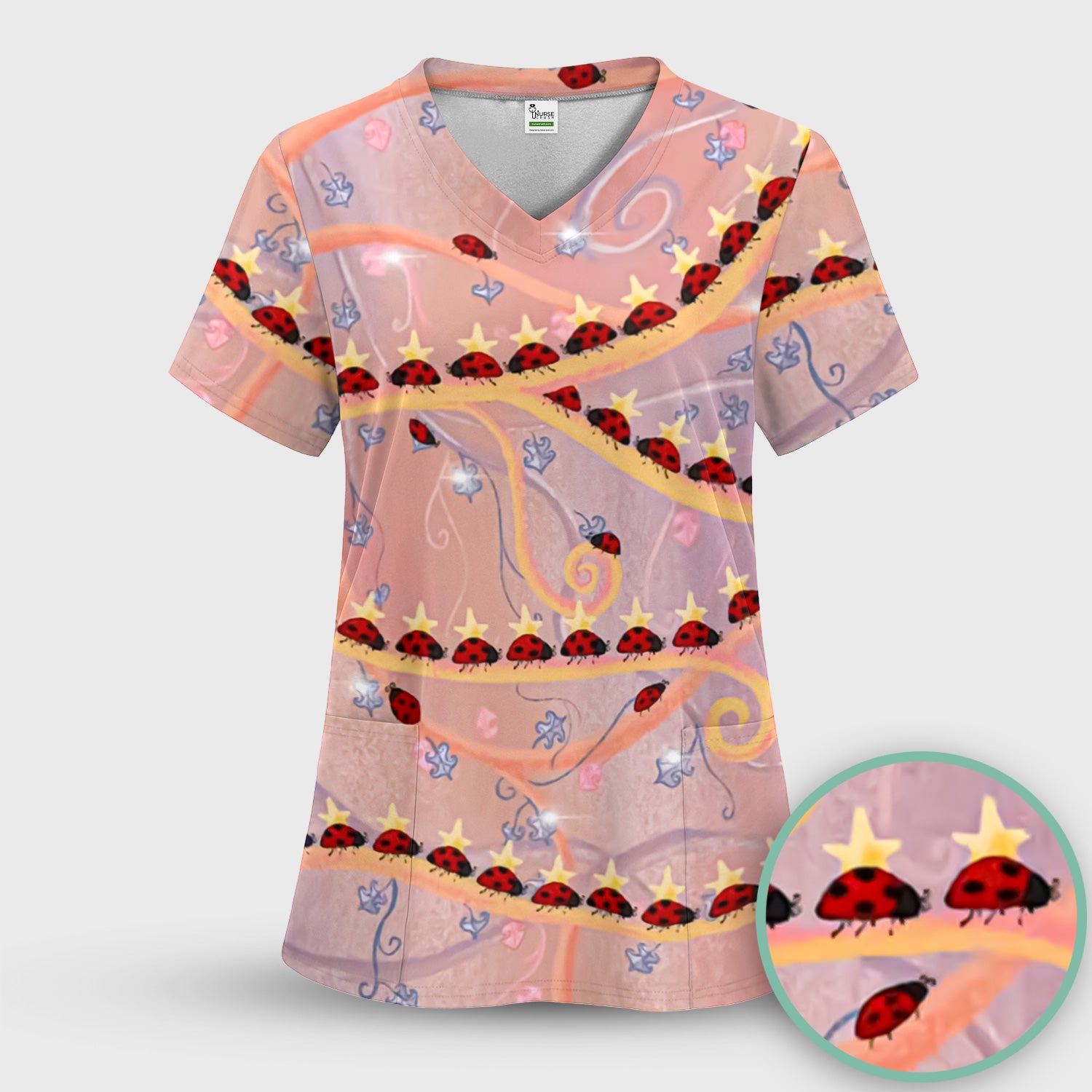 Cute Ladybug Star Vine Swirl Pattern Scrub Top, Comfortable Scrubs for Nurses