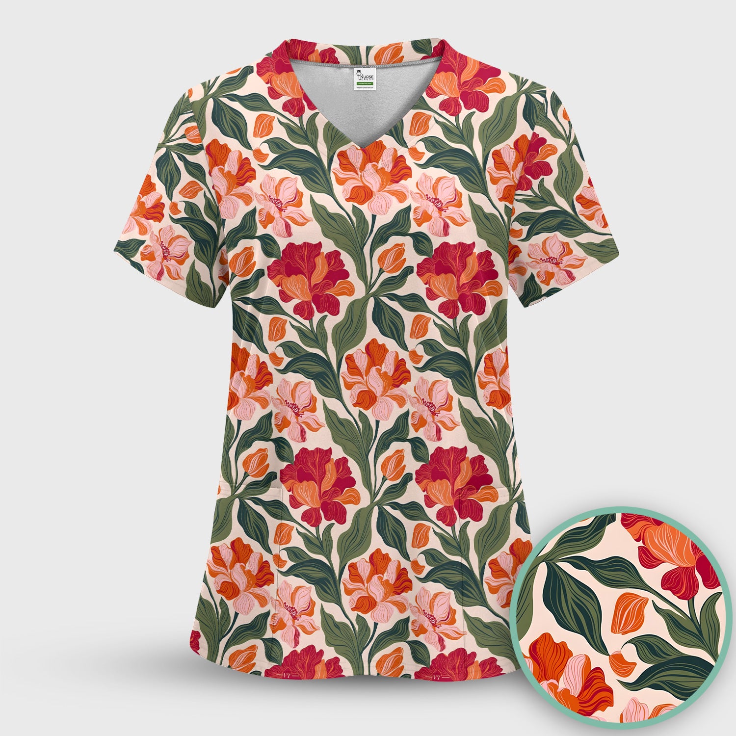 Pretty Tropical Floral Print Scrub Set, Scrub Pants and V Neck Top