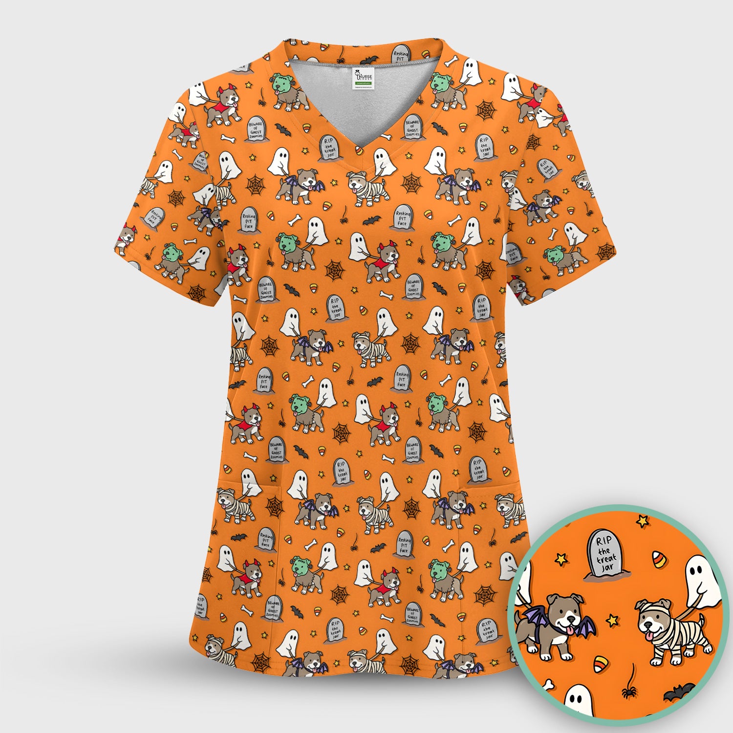 Cute Halloween Pit Bull Costumes Scrub Top, Comfortable Scrubs for Nurses