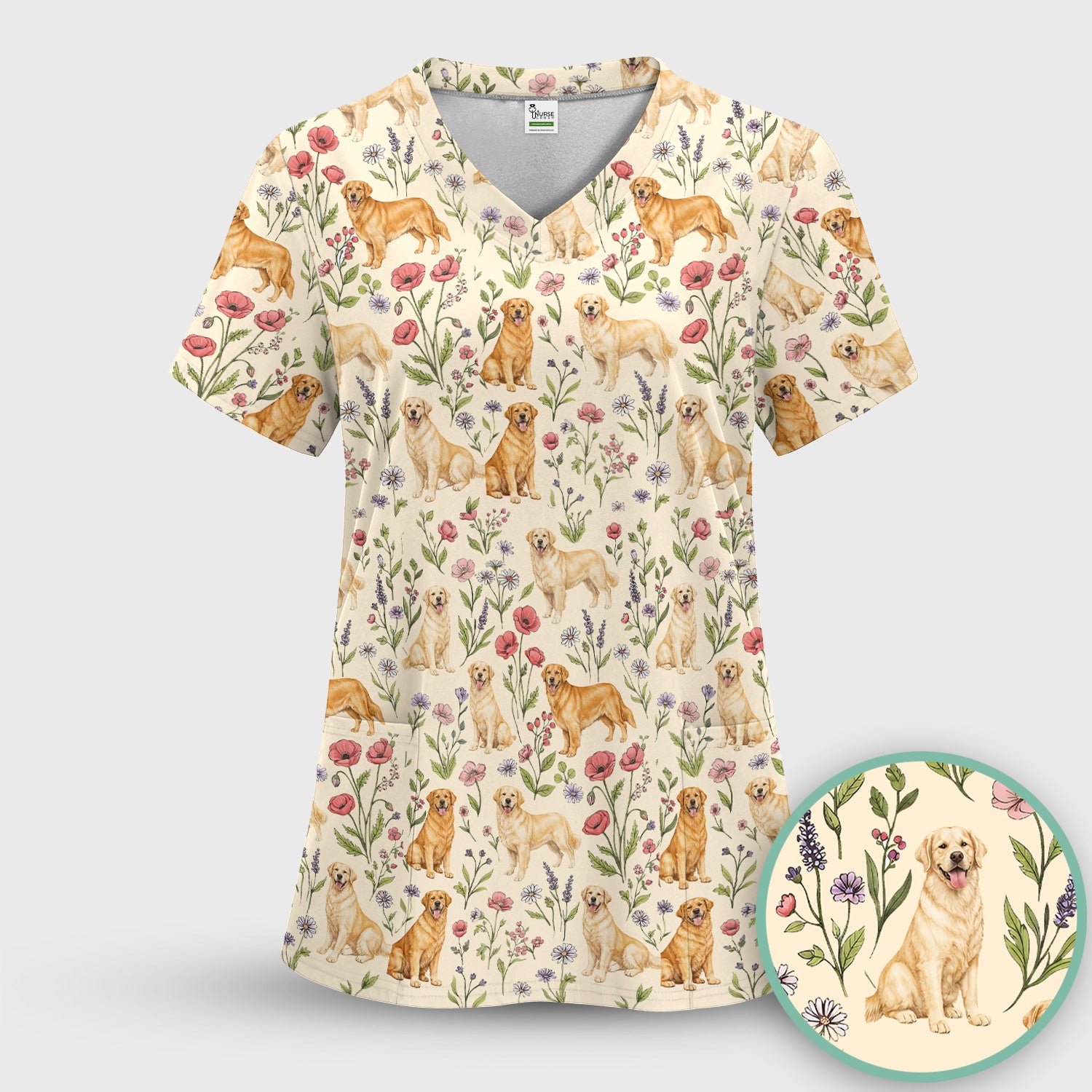 Cute Golden Retriever Floral Pattern Scrub Top, Breathable Fabrics Nursing Uniform