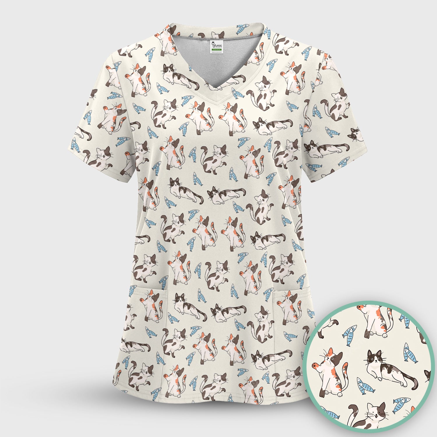 Cute Playful Cats With Fish Pattern Nurse Scrub Set, Scrub Pants and V Neck Top