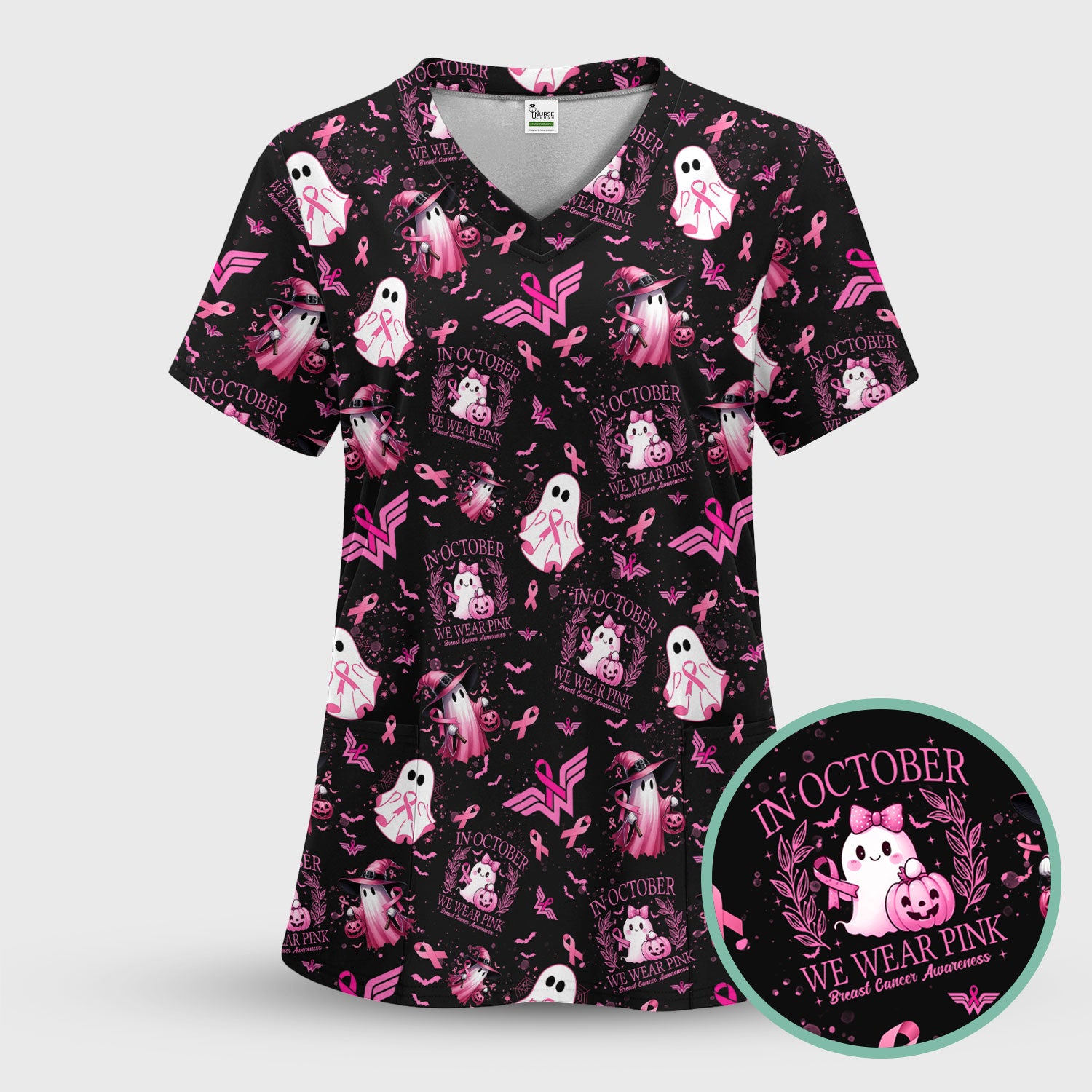 Pink Halloween Scrub Top for Nurses - In October We Wear Pink Breast Cancer Awareness Shirt - Cute Ghost Witch Gift for RN CNA LPN