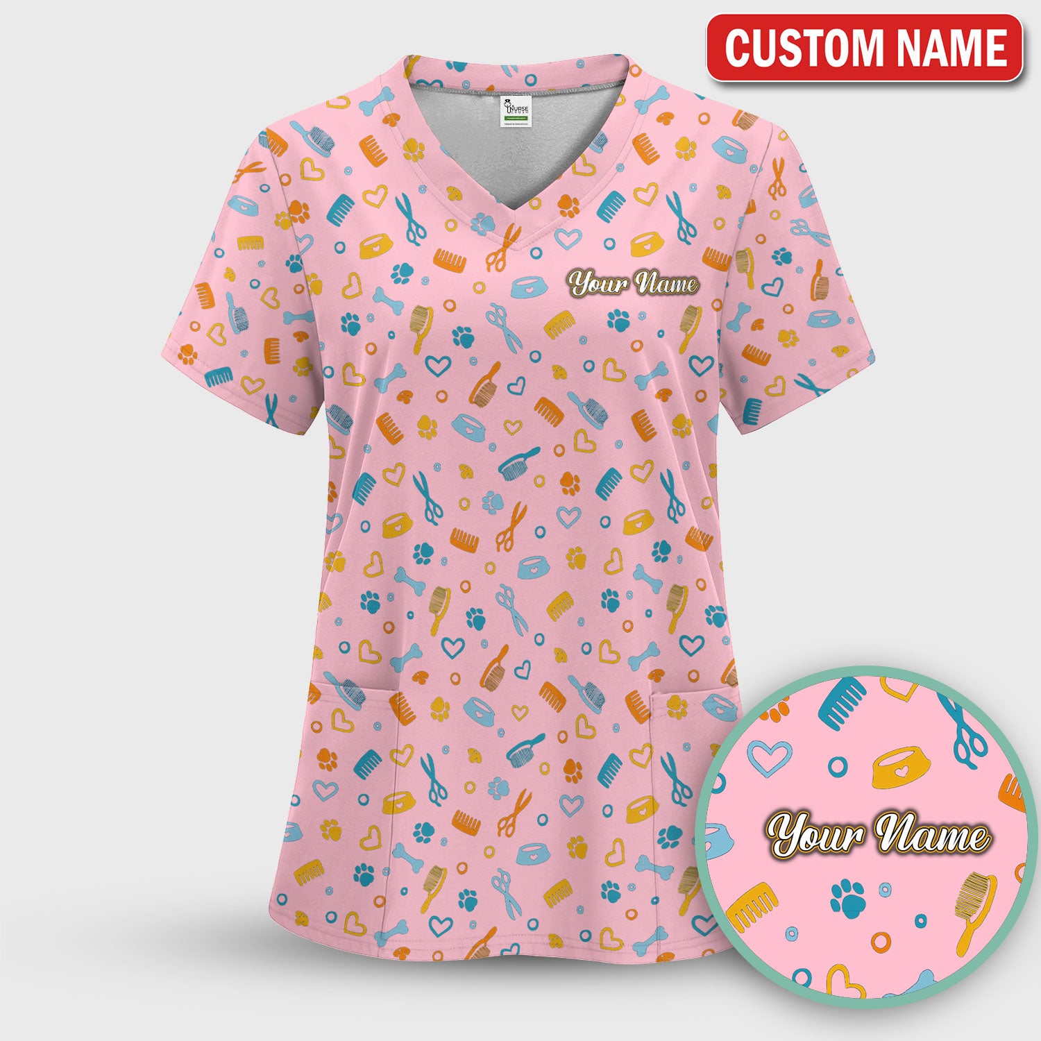 Custom Name Dog Cat Grooming Pattern Scrub Top, Breathable Fabrics Nursing Uniform