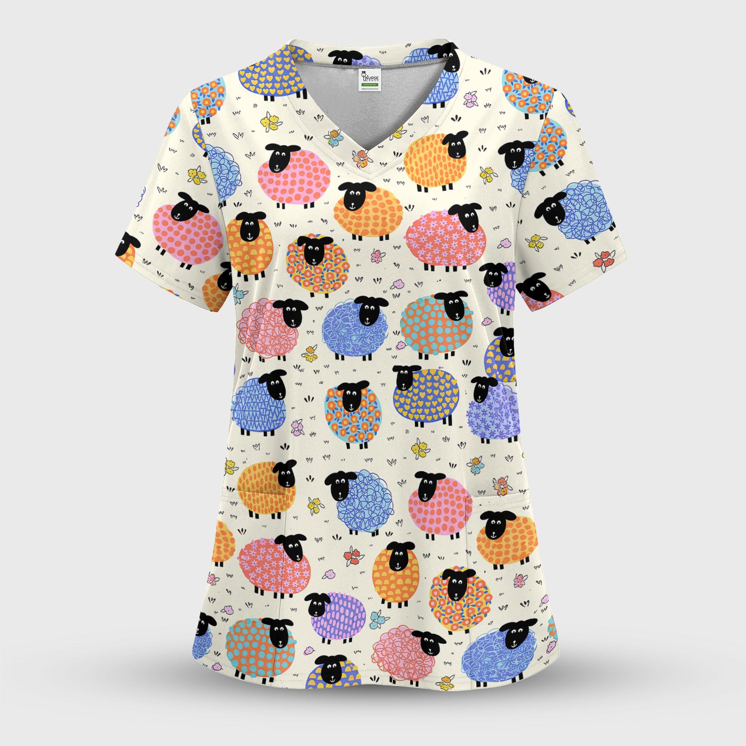 Funny Colorful Sheep Pattern Scrub Top, Comfortable Scrubs for Nurses