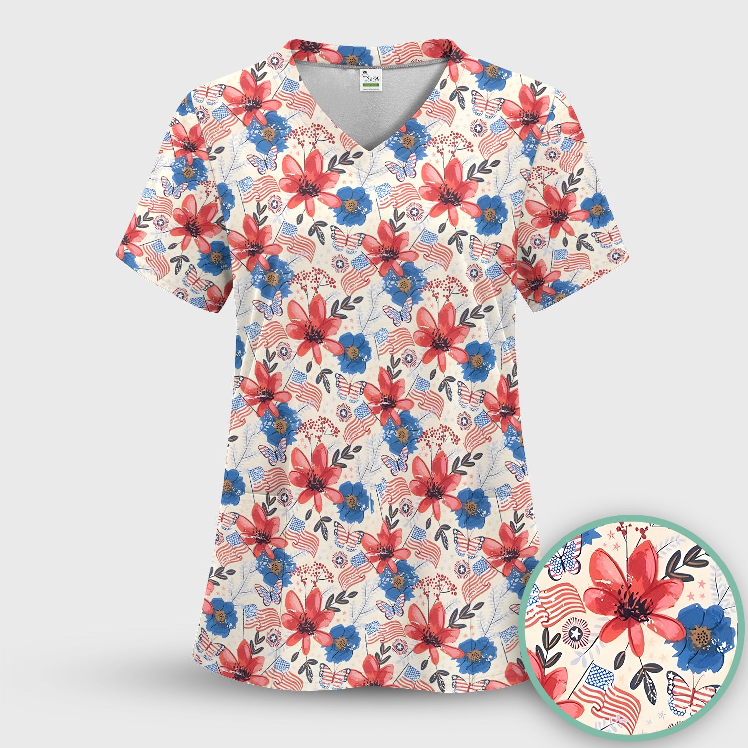 Patriotic Wildflower Flag Butterfly Pattern Scrub Set, Scrub Pants and V Neck Top