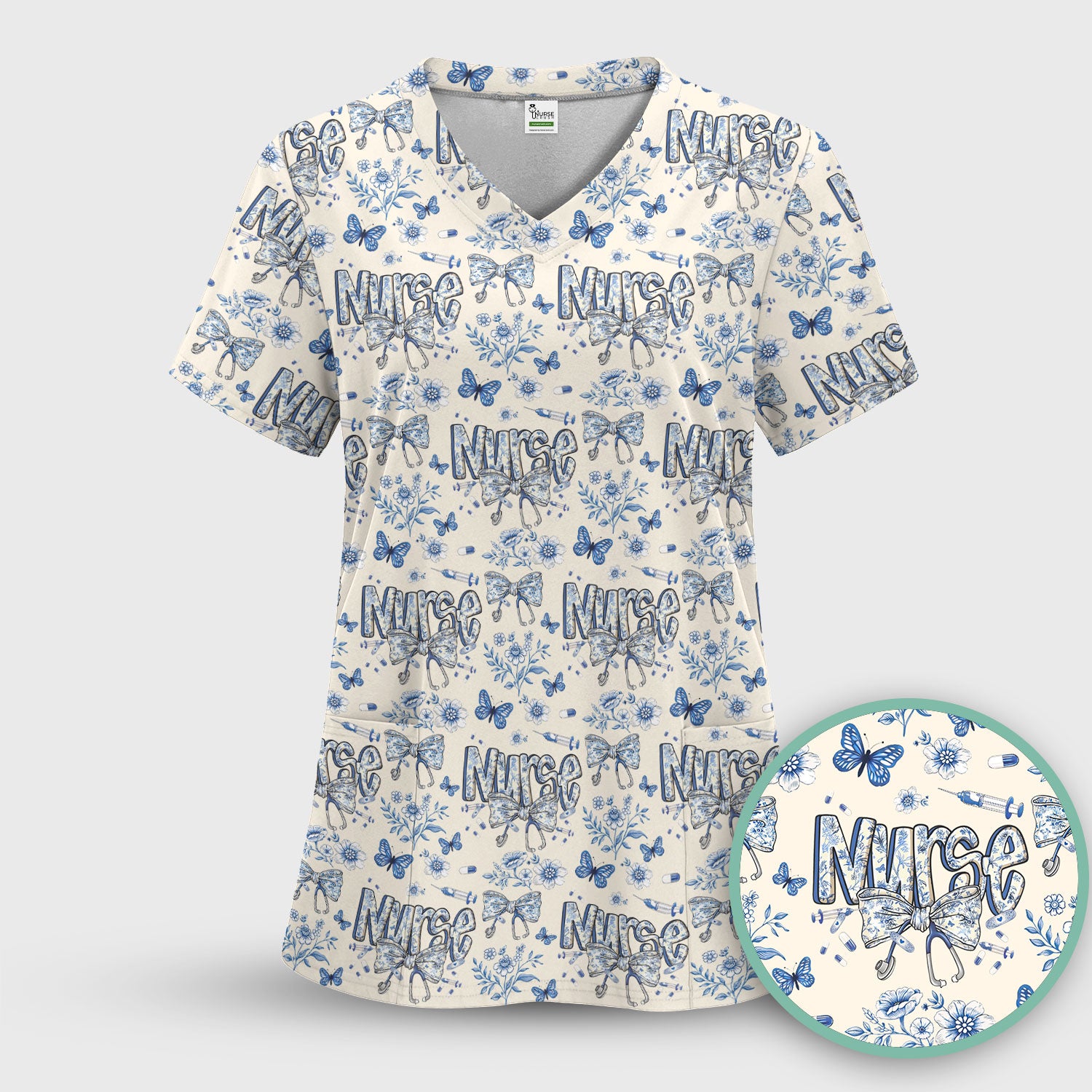 Blue Nurse Letter Bow Butterfly Floral Print Scrub Top, Comfortable Scrubs for Nurses