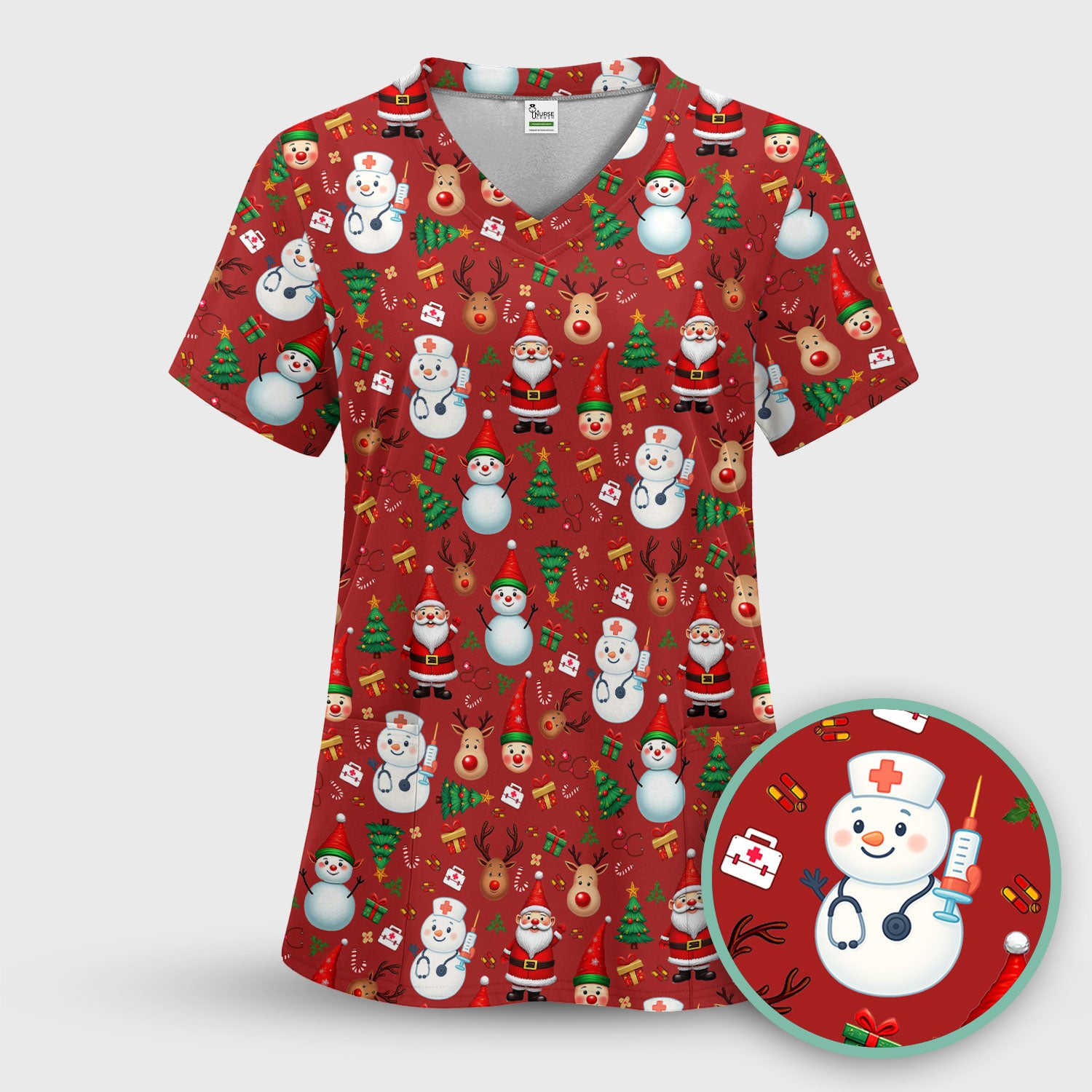 Christmas Scrub Top for Nurses - Cute Snowman Reindeer Santa Pattern - Holiday Medical Uniform RN CNA LPN Gift