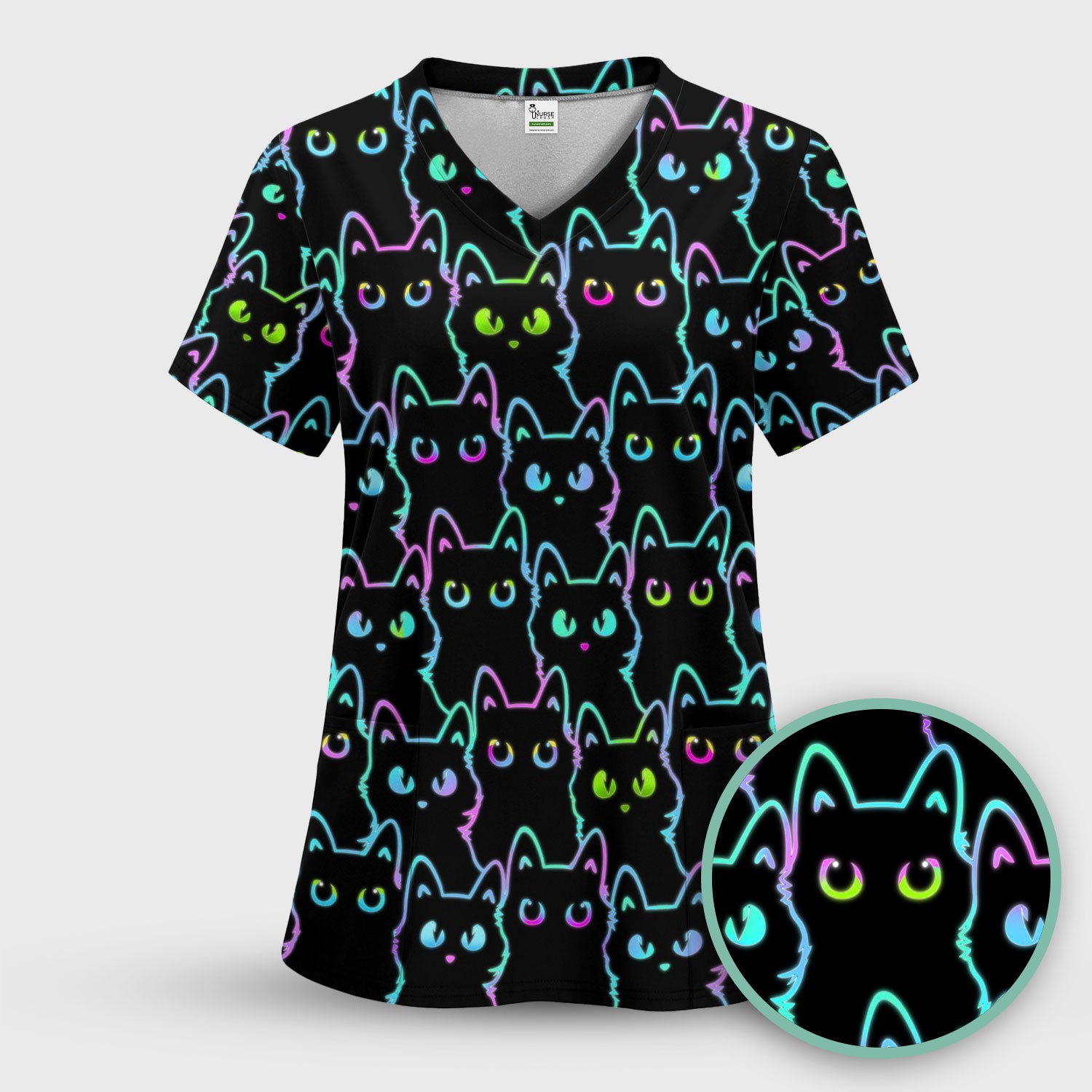 Neon Cat Pattern Scrub Top, Black Cat Scrub Shirt, Breathable Fabrics Nursing Uniform