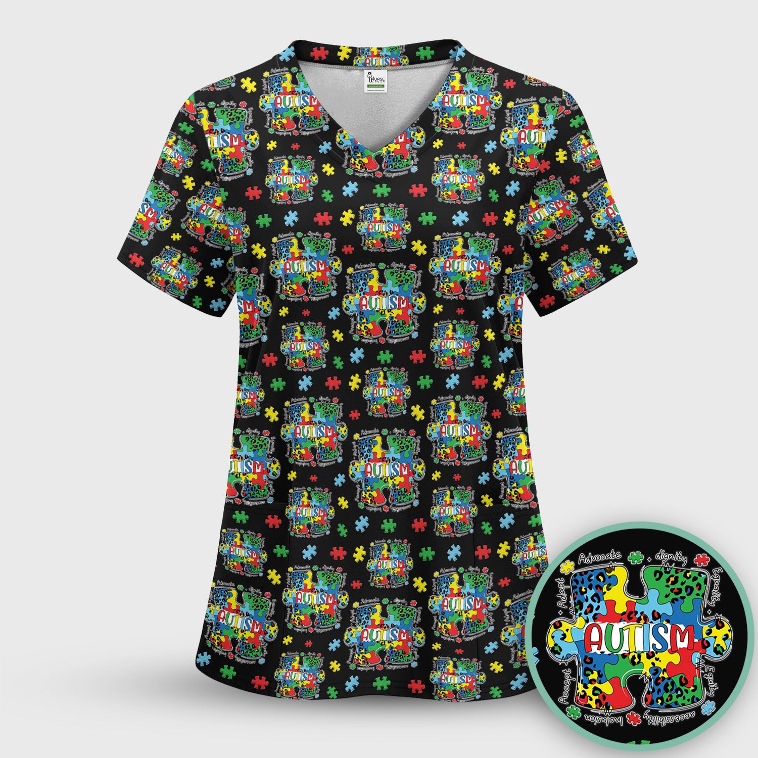 Autism Awareness Puzzle Pattern Scrub Set, Scrub Pants and V Neck Top