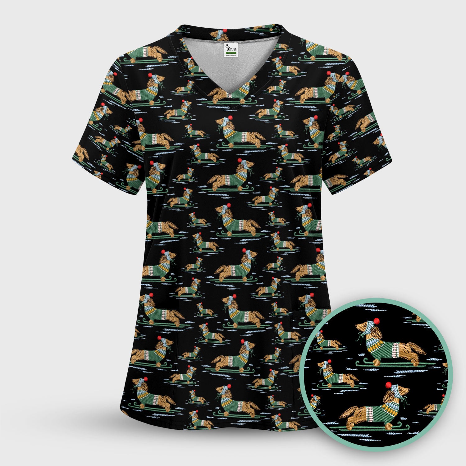 Dachshund Nurse Scrub Top, Wiener Dog Winter Pattern Shirt, Breathable Fabrics Nursing Uniform
