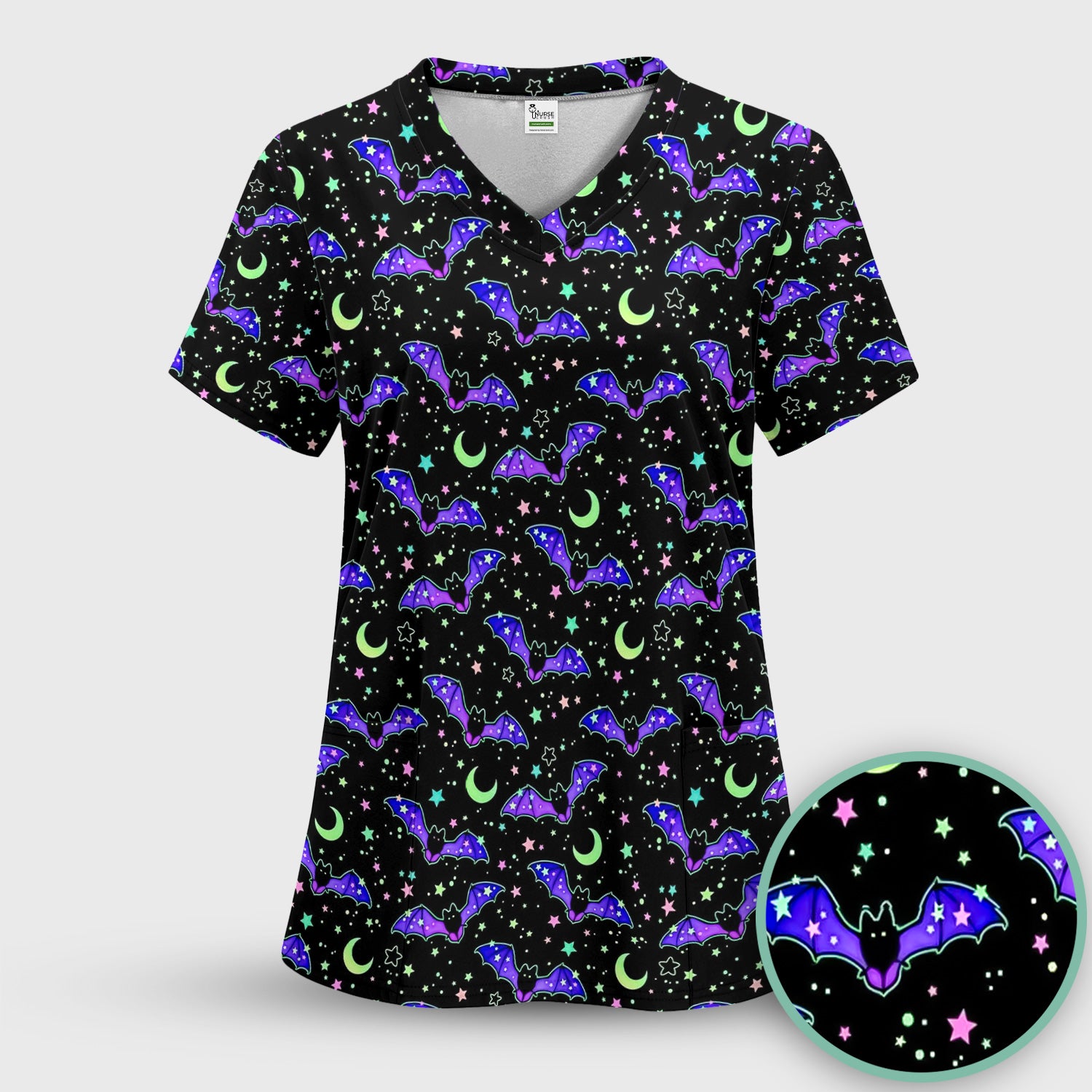 Spooky Halloween Celestial Bat Scrub Set, Scrub Pants and V Neck Top