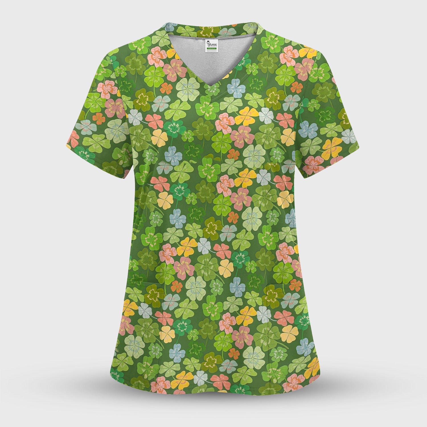 Colorful Shamrock Clover Pattern Scrubs Top, Comfortable Scrubs for Nurses
