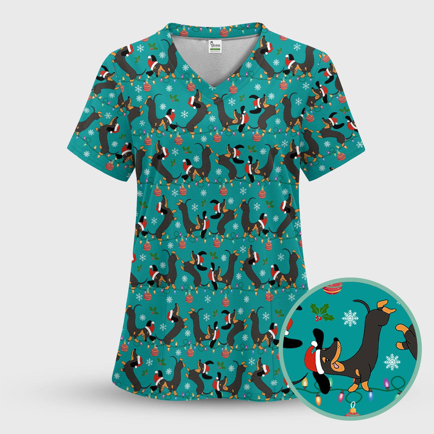 Festive Dachshund Christmas Scrub Top - Adorable Holiday Wiener Dog Nurse Shirt for Women - Cute Medical Uniform for RN CNA LPN