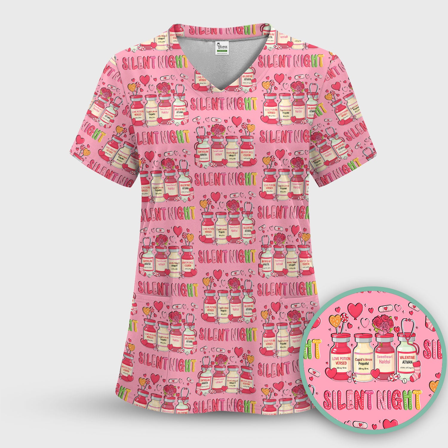 Valentine Silent Night Love Design Scrubs Set, Breathable Med Uniform