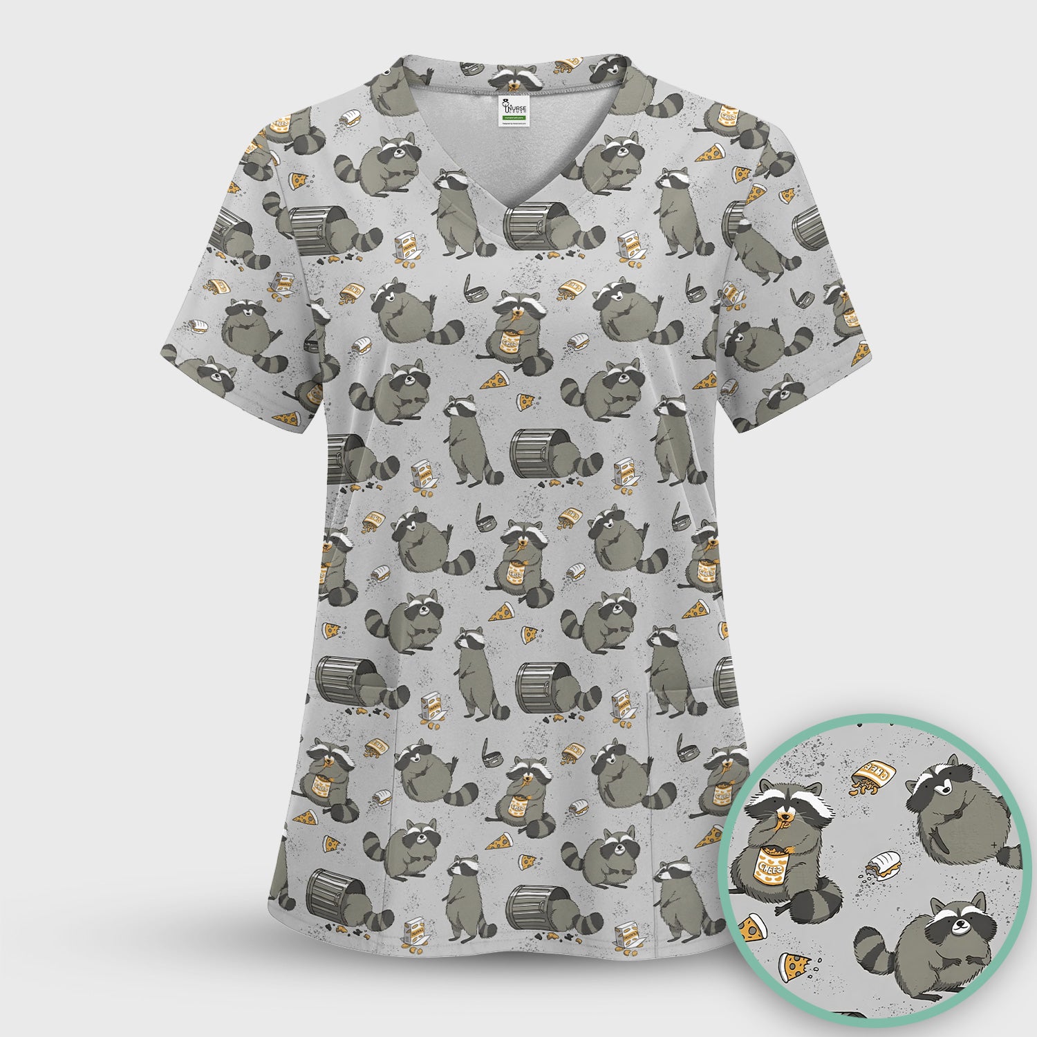 Raccoon Snack And Trash Can Pattern Scrub Set, Breathable Med Uniform