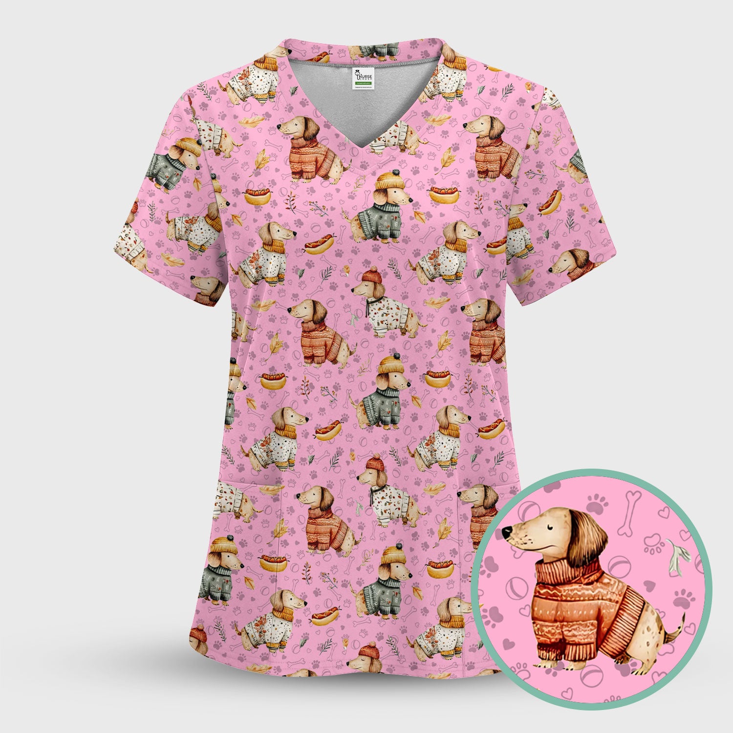 Autumn Dachshund Scrub Top - Cute Wiener Dog Nurse Shirt for Women - Cozy Fall Medical Uniform RN CNA LPN Thanksgiving Gift
