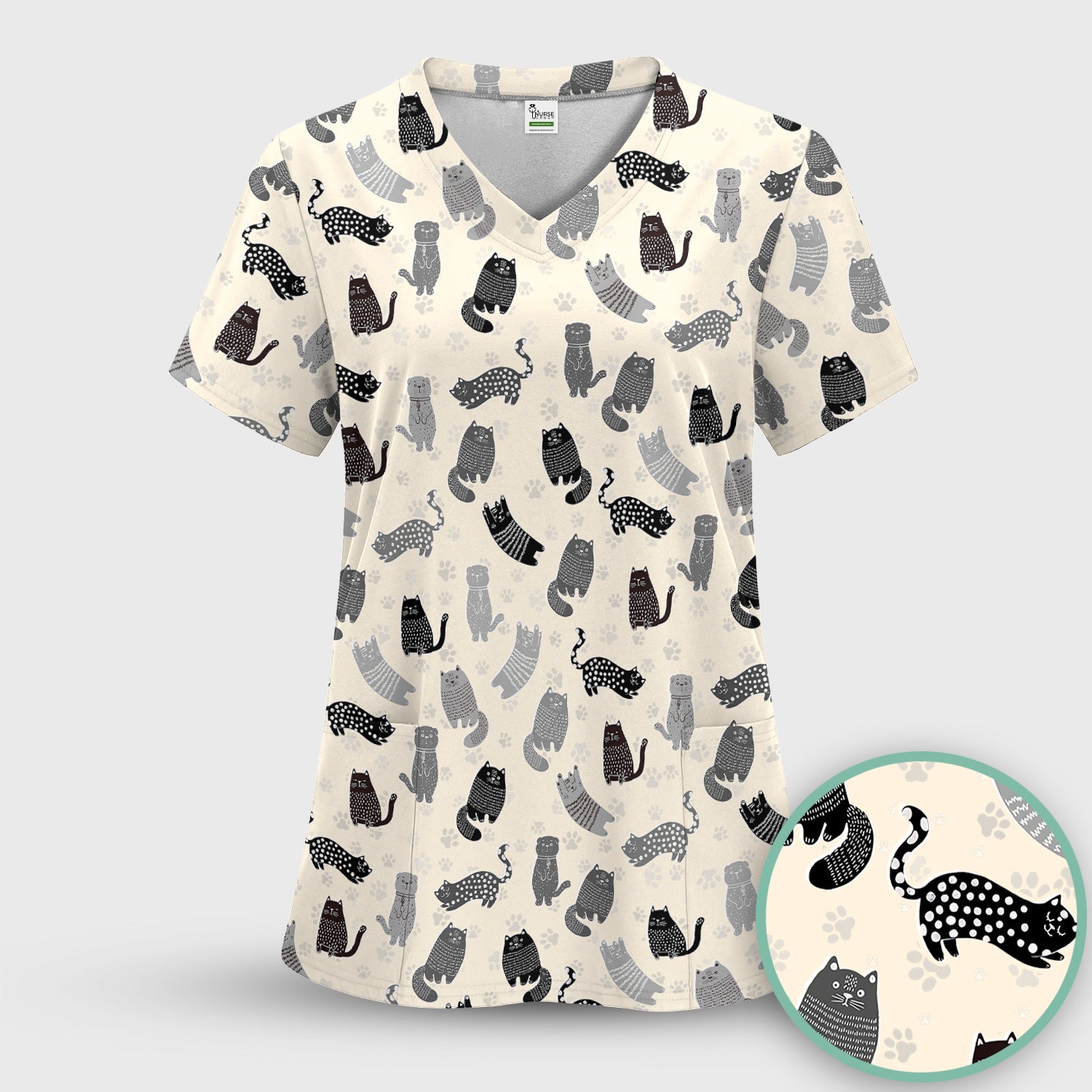 Cute Cat and Paw Print Pattern Scrub Top, Breathable Fabrics Nursing Uniform