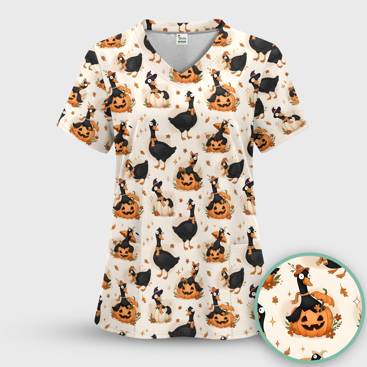 Pumpkin Black Goose Print Scrub Top, Comfortable Scrubs for Nurses