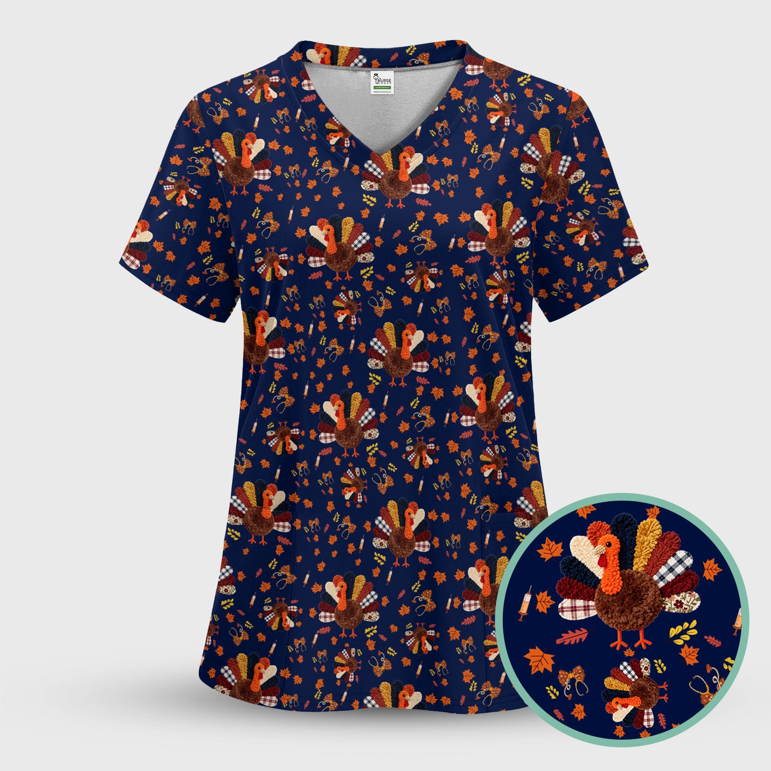Funny Thanksgiving Nurse Scrub Top - Fall Leaves and Pumpkin Shirt - Autumn Turkey Med Uniform Gift for RN CNA LPN