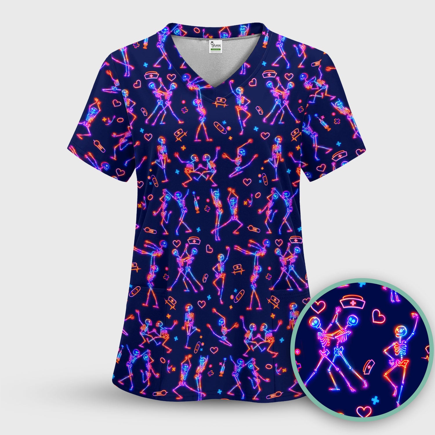 Neon Dancing Skeleton Medical Pattern Scrub Top, Comfortable Scrubs for Nurses