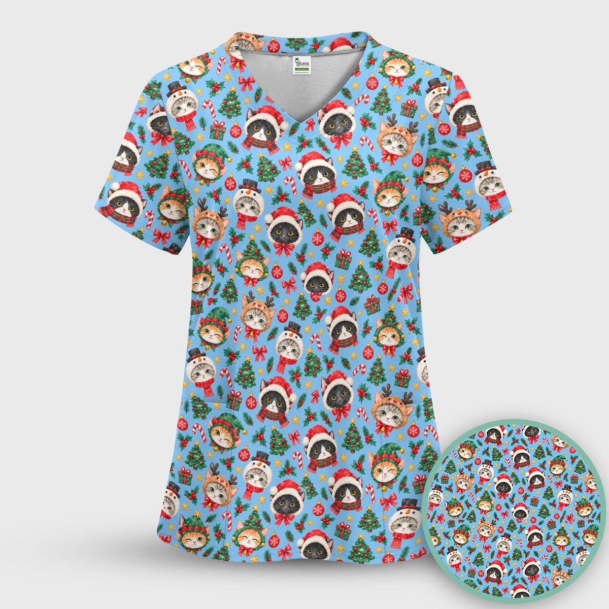 Christmas Cats And Trees Pattern Scrub Set, Scrub Pants and V Neck Top