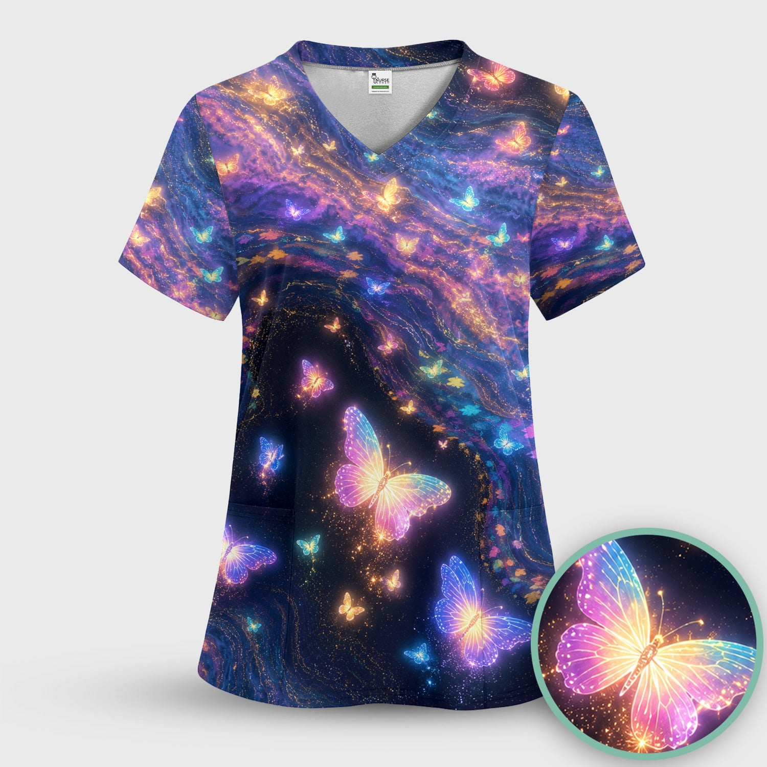 Neon Butterfly Galaxy Marble Print Scrub Top, Comfortable Scrubs for Nurses