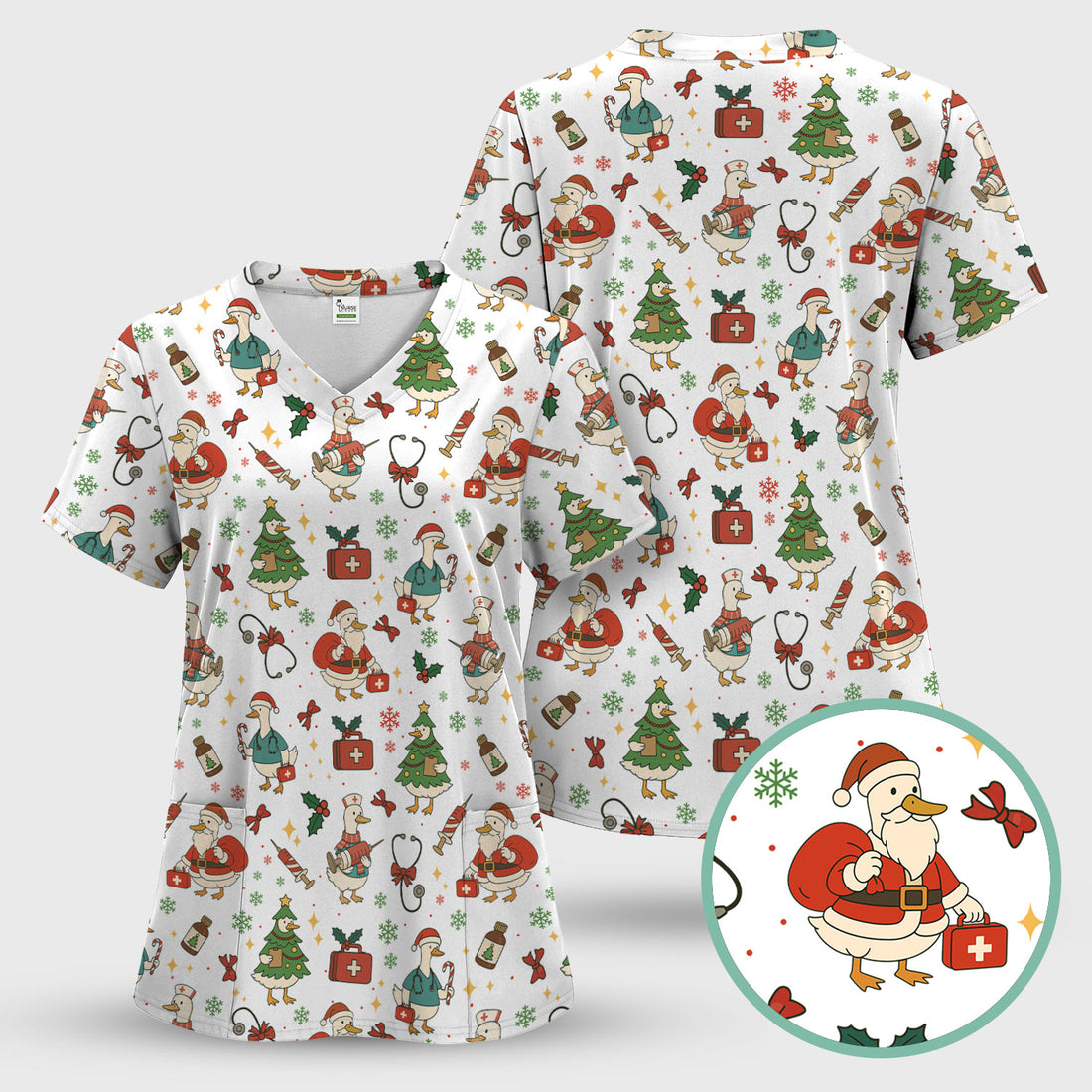 Christmas Duck Nurse Scrub Top for Women - Cute Santa Claus Pattern - Funny Holiday Nursing Shirt Gift for RN LPN CNA