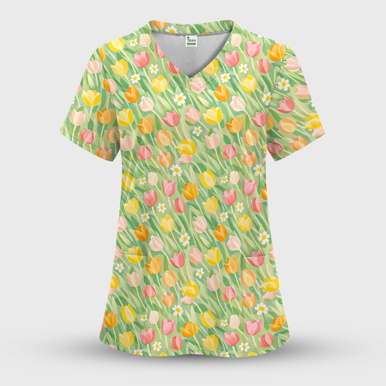 Cheerful Tulip Meadow Print Scrub Set, Women's Scrub Sets