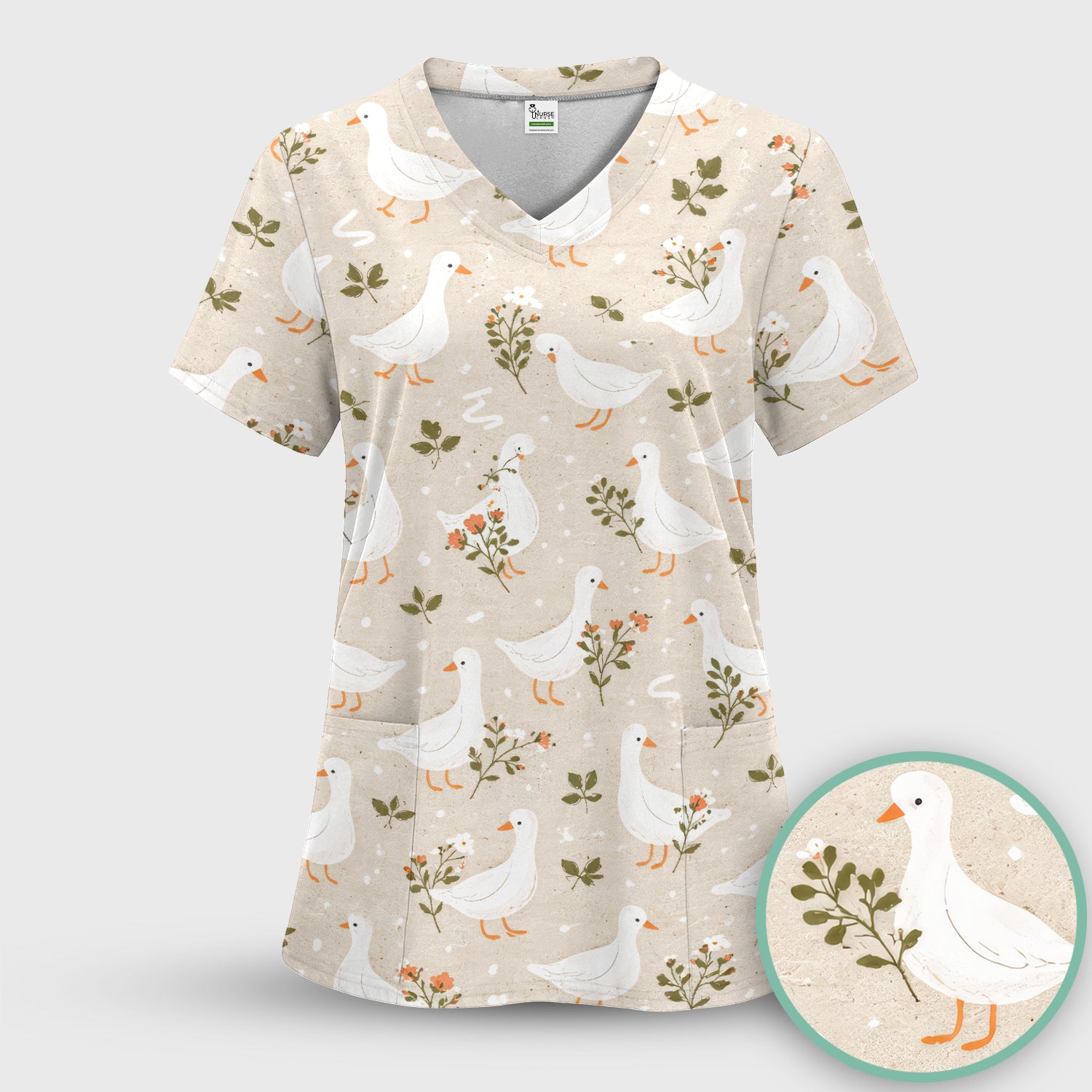White Goose Floral Meadow Pattern Scrub Top, Comfortable Scrubs for Nurses