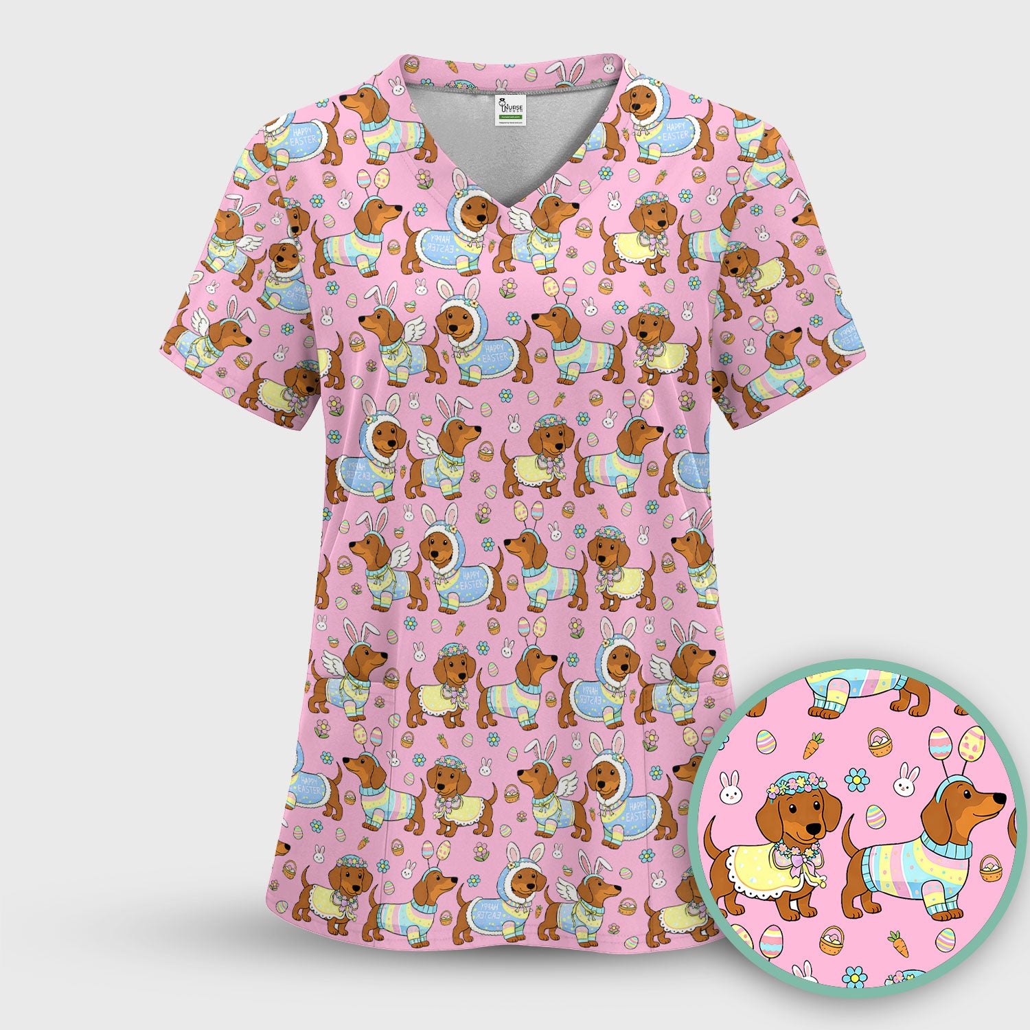 Easter Dachshund Bunny Print Scrub Top, Breathable Fabrics Nursing Uniform