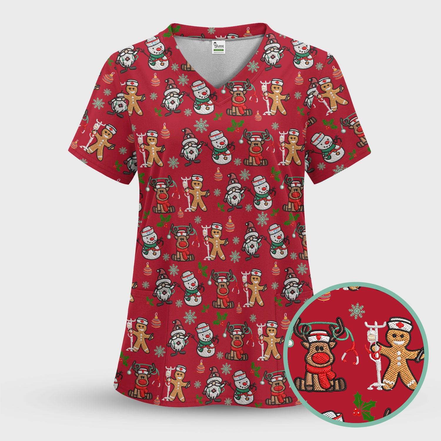 Reindeer Christmas Women's Scrub Sets - Gingerbread Cookies and Santa Claus Medical Uniform - Comfortable Scrubs for Nurses