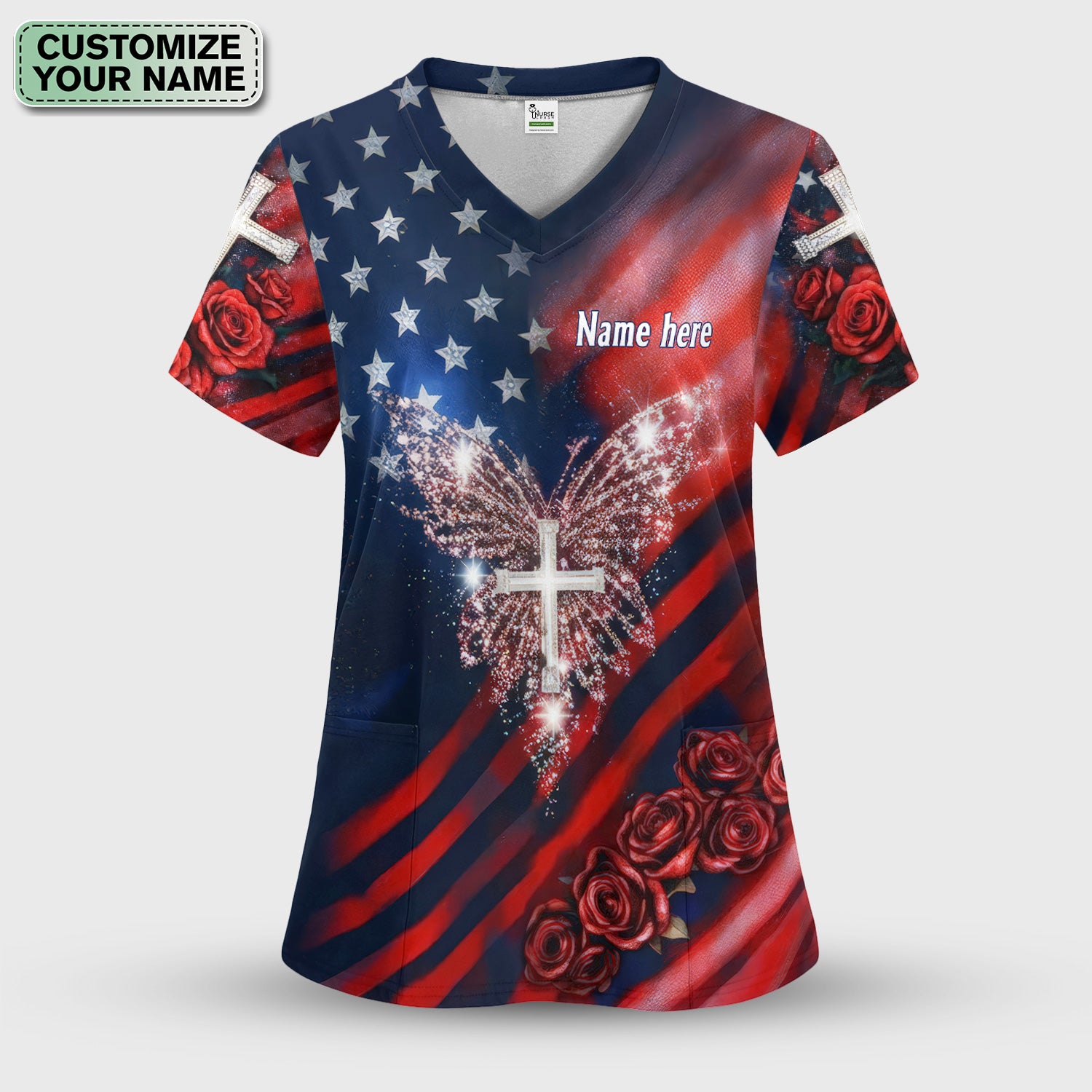 Custom Name Patriotic Cross Butterfly Rose Print Scrub Set, Scrub Pants and V Neck Top