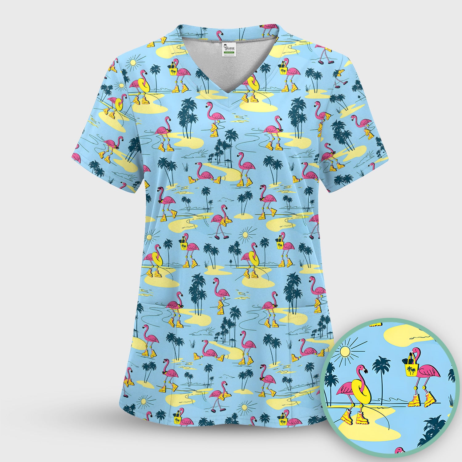 Retro Flamingo Nurse Print Scrub Set, Scrub Pants and V Neck Top