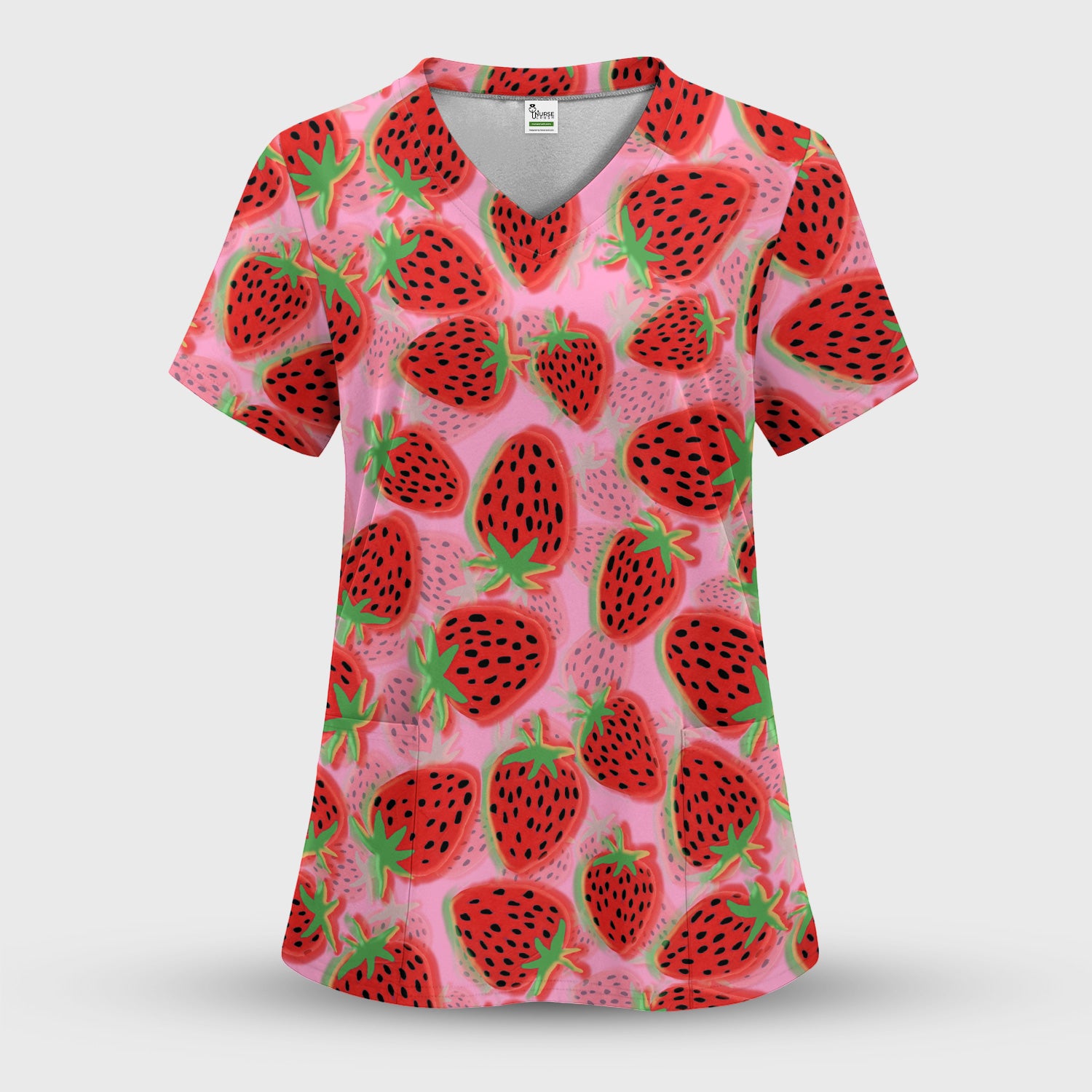 Pink Strawberry Pattern Scrub Set, Scrub Pants and V Neck Top