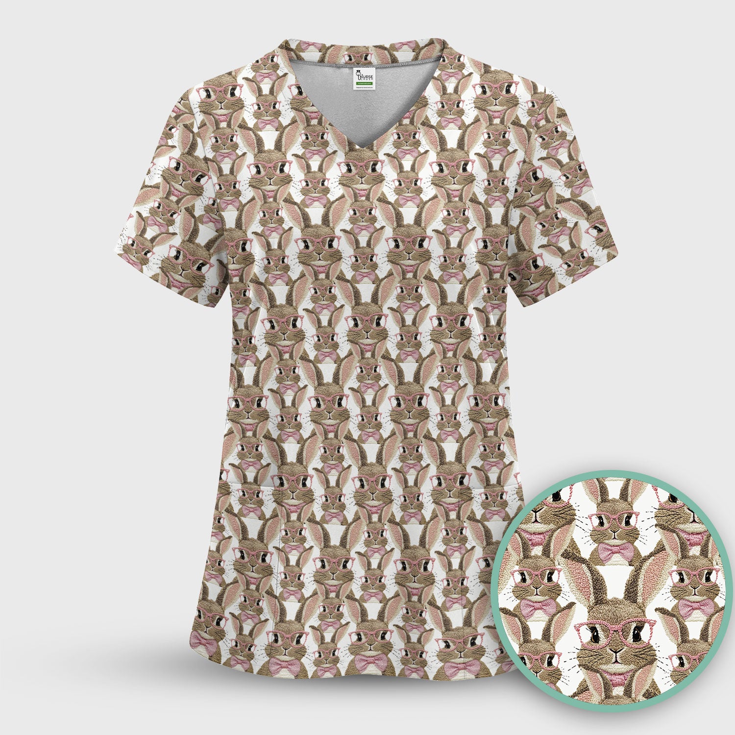 Cute Bunny With Glasses Pattern Scrub Top, Breathable Fabrics Nursing Uniform, Easter