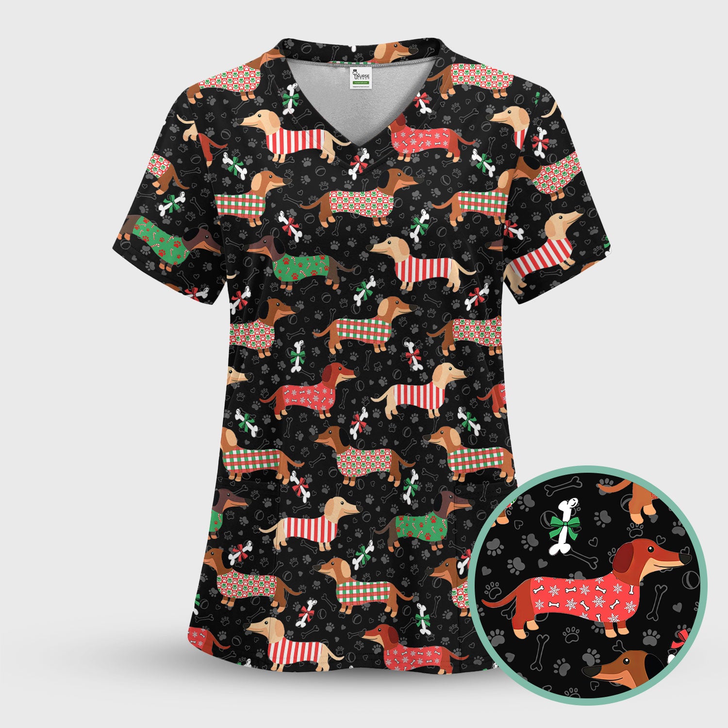 Christmas Dachshund Scrub Top for Women - Cute Sausage Dog Paw Print Nursing Uniform Holiday Shirt - Funny Xmas Medical Gift