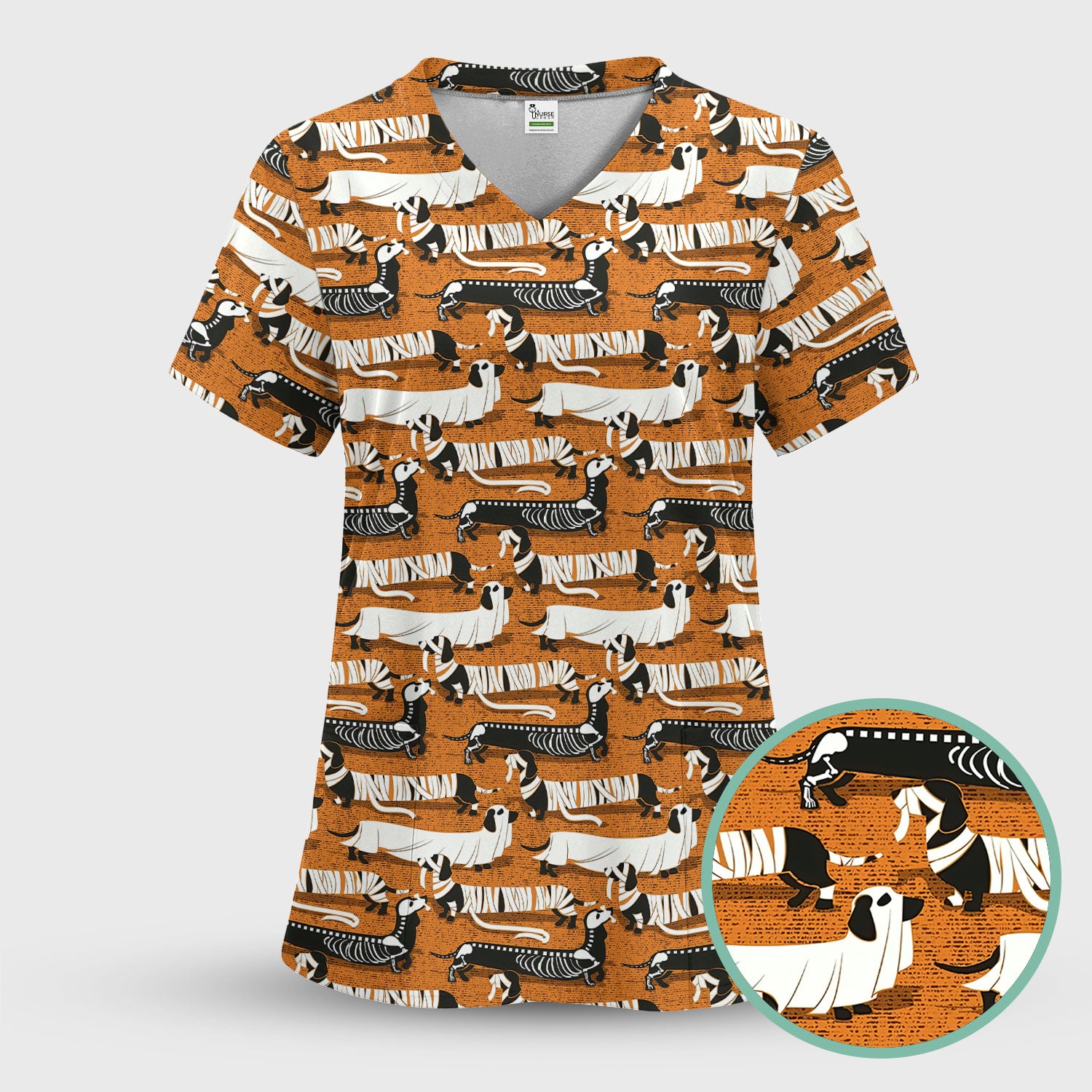 Dachshund Halloween Scrub Shirt - Multi Color Dog Print Scrub Top - Funny Skeleton Nurse Scrubs Gift for Women Men, CNA, RN