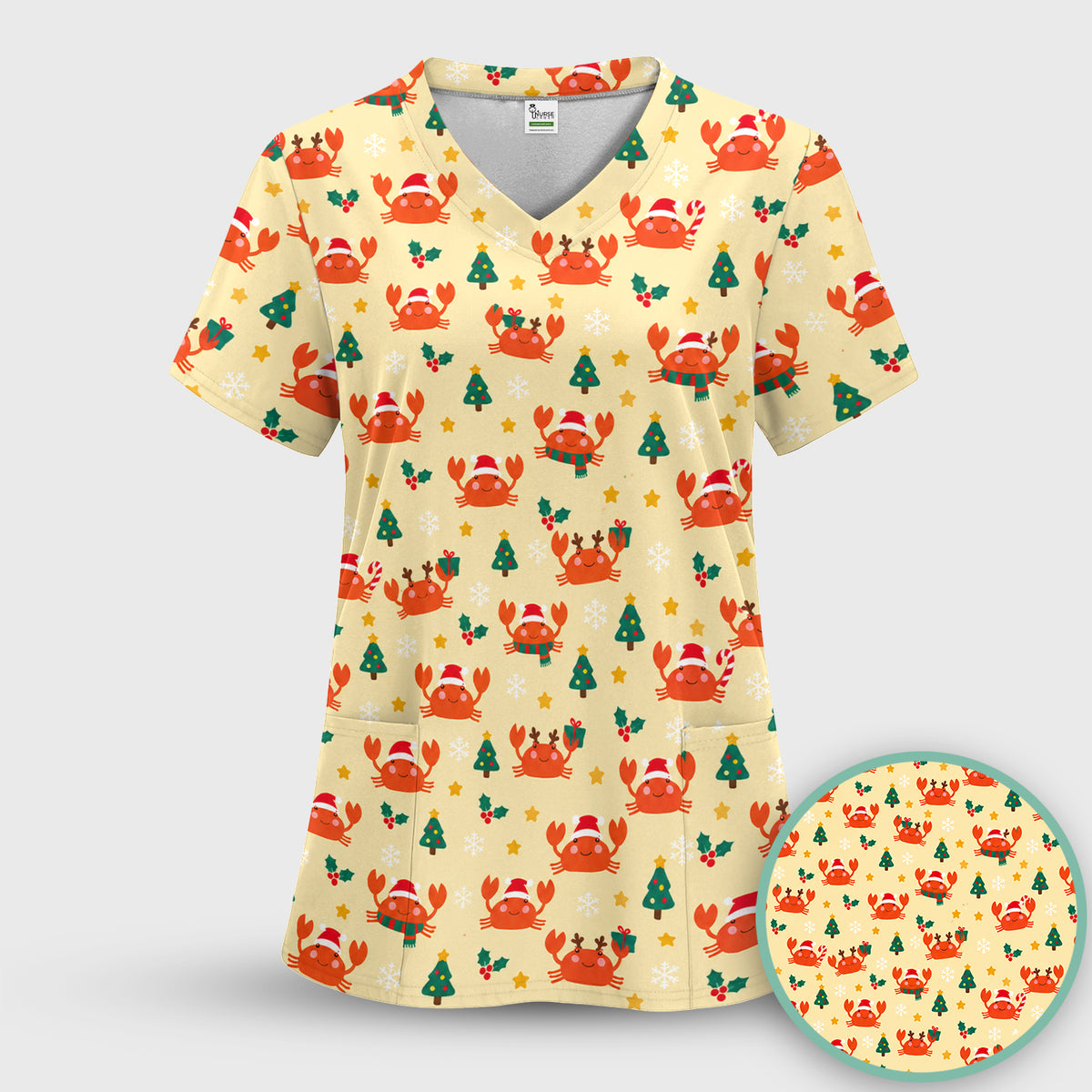 Christmas Crabs And Trees Pattern Scrub Set, Scrub Pants and V Neck Top