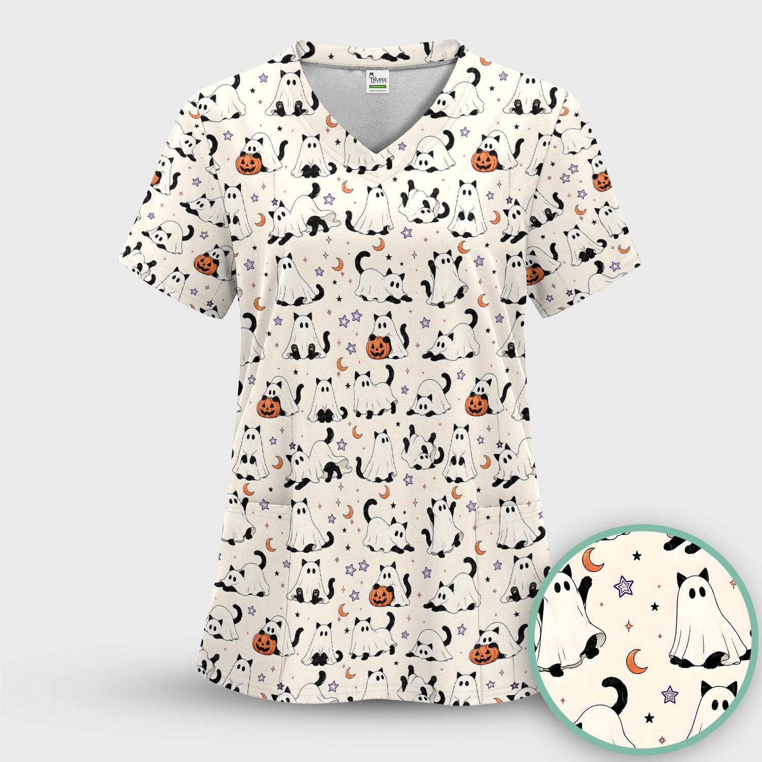 Halloween Ghost Cats And Pumpkins Scrub Top, Comfortable Scrubs for Nurses