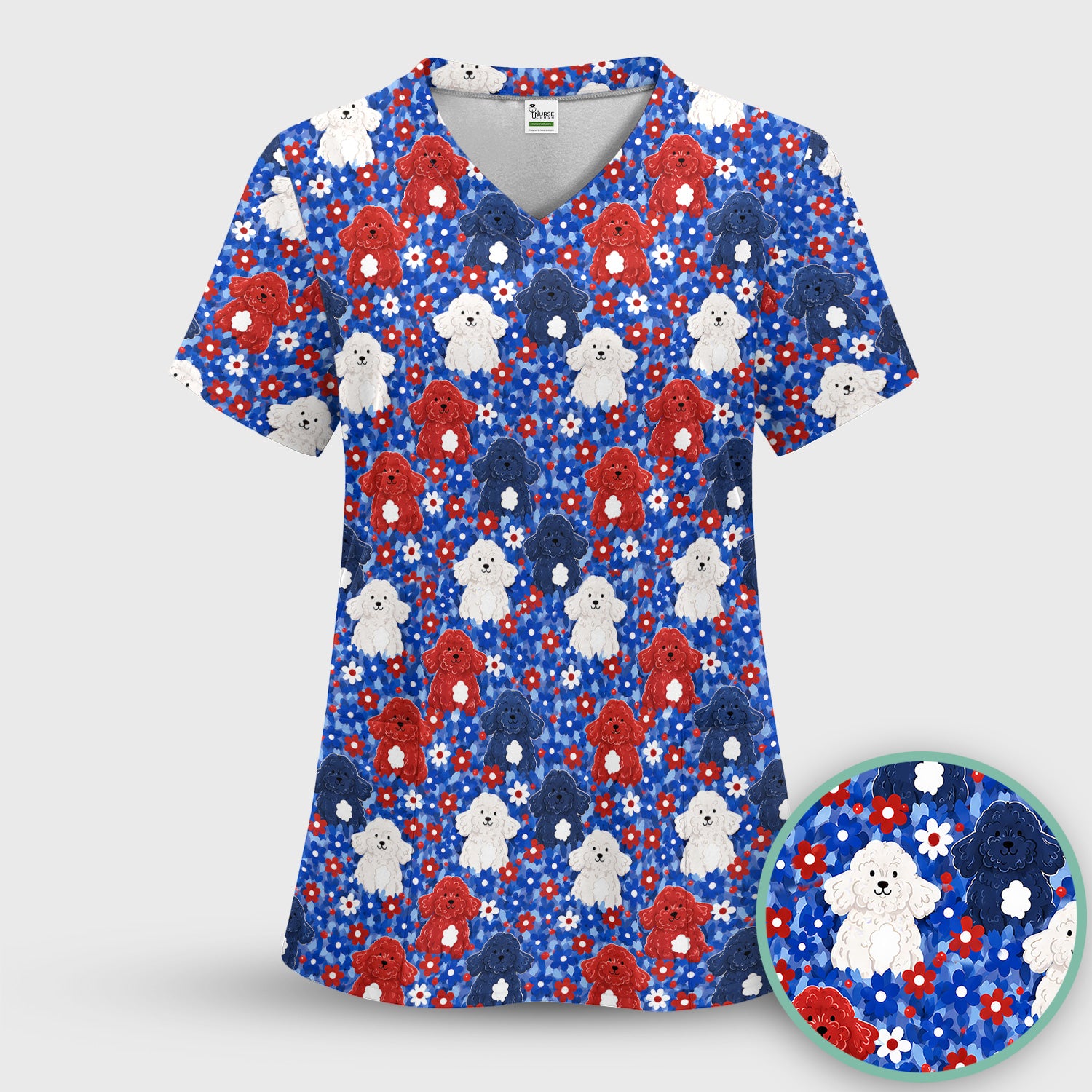 Cute Poodle Floral Garden Print Scrub Top, Comfortable Scrubs for Nurses