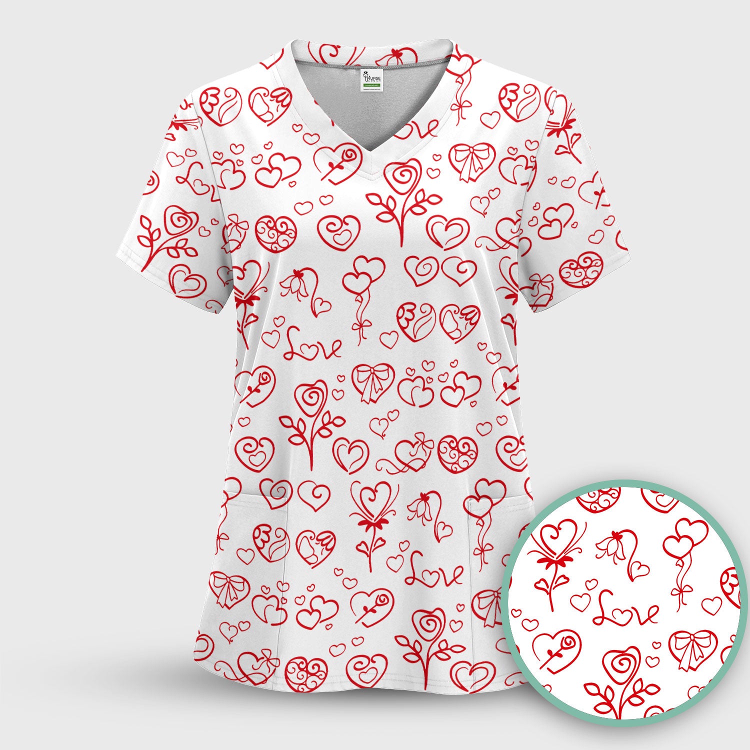 Cute Valentine Heart Scrub Top, Artistic Heart Pink Love Line Art Pattern Nurse Shirt, Comfortable Scrubs For Nursing