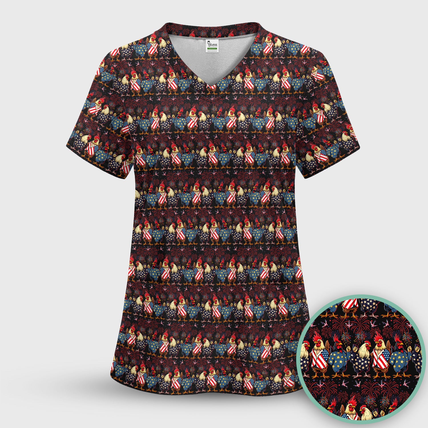 Patriotic Rooster Fireworks Pattern Scrub Set, Scrub Pants and V Neck Top