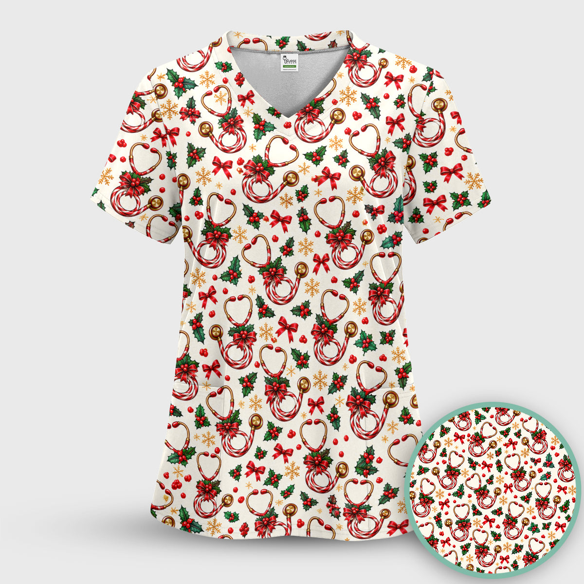 Christmas Candy Cane Stethoscope Pattern Scrub Set, Scrub Pants and V Neck Top