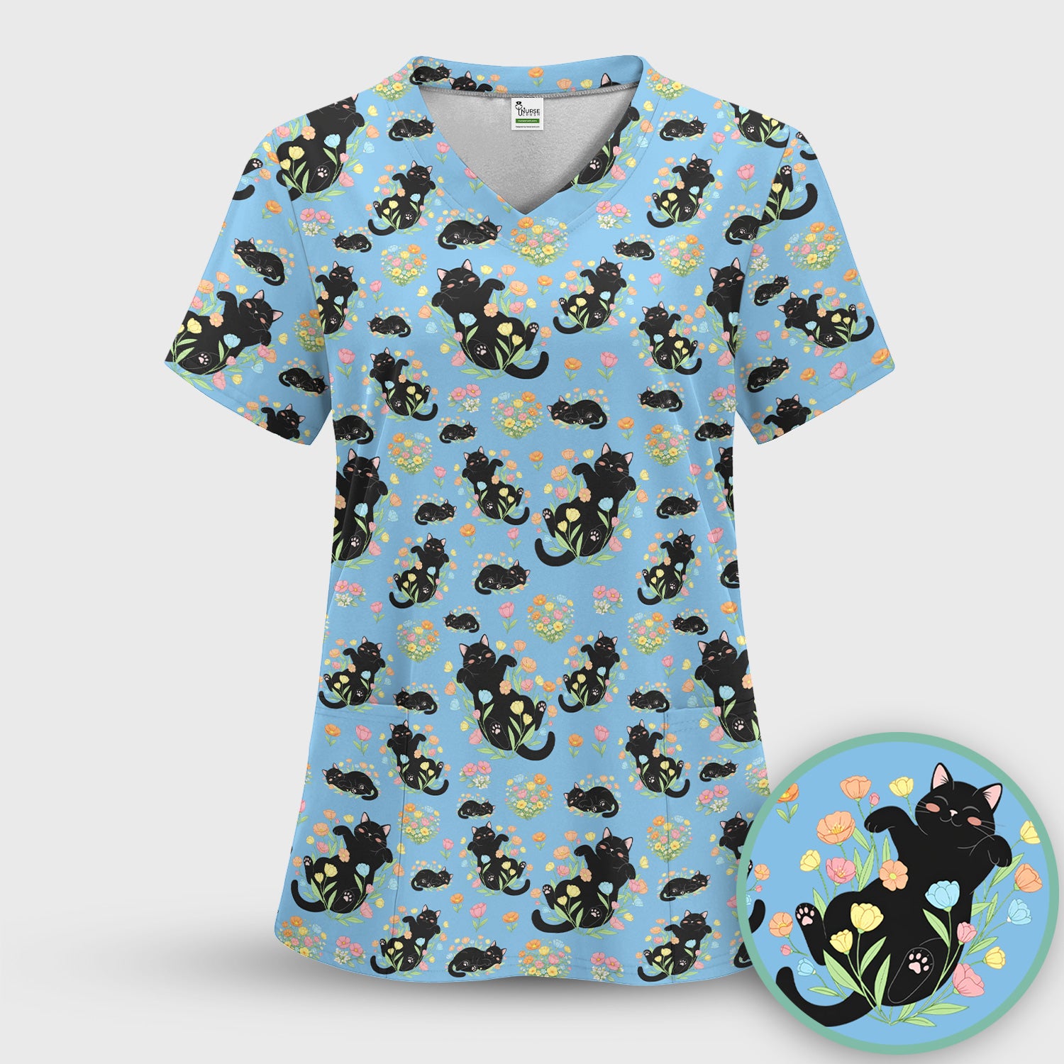 Cats With Cute Poses Floral Pattern Scrubs Top, Comfortable Scrubs for Nurses