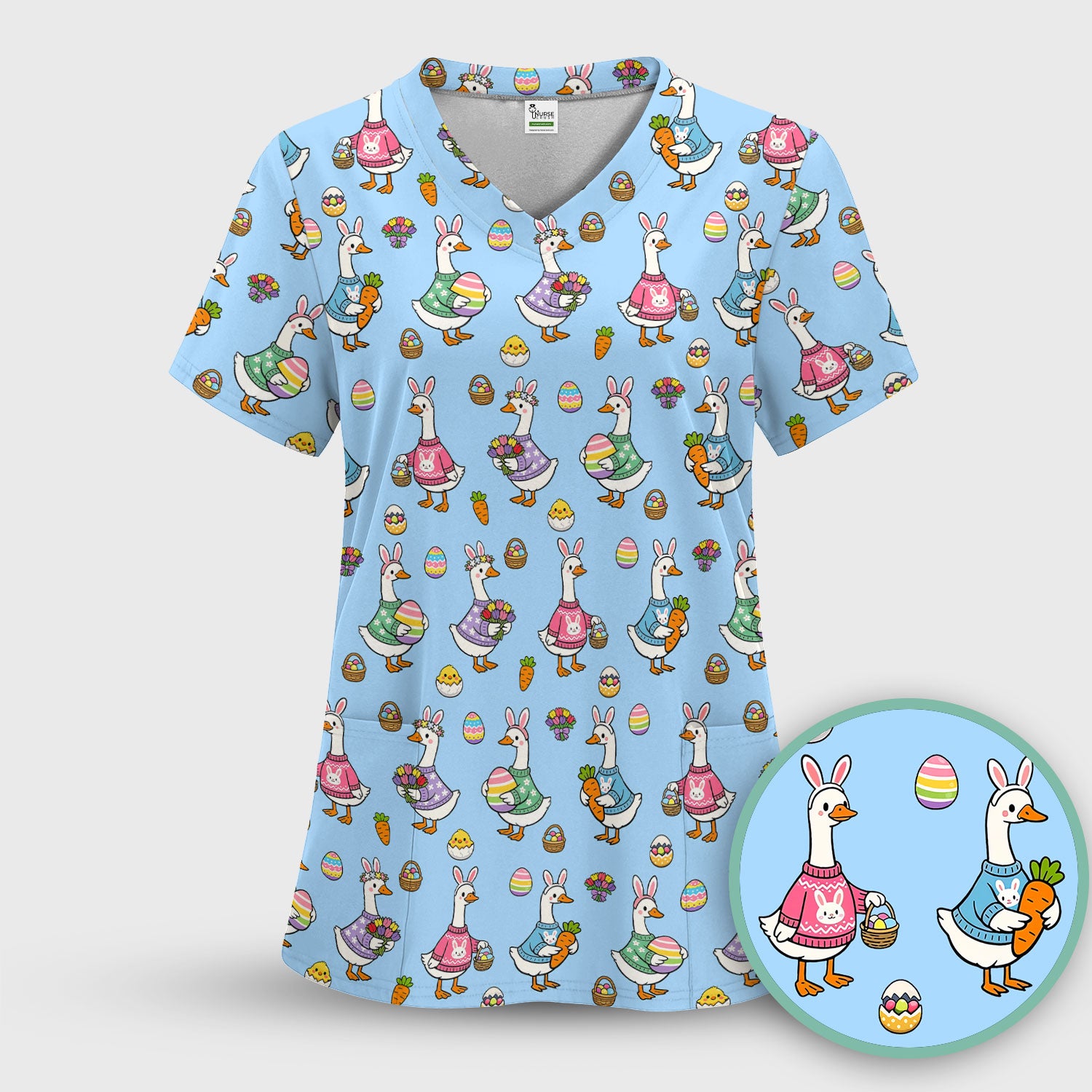 Cute Easter Goose Pattern Scrub Top, Breathable Fabrics Nursing Uniform